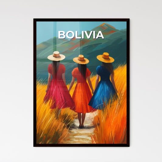 Bolivian Culture Art Painting Women Colorful Festive Traditional Dresses Hats South America Field Path Vibrant