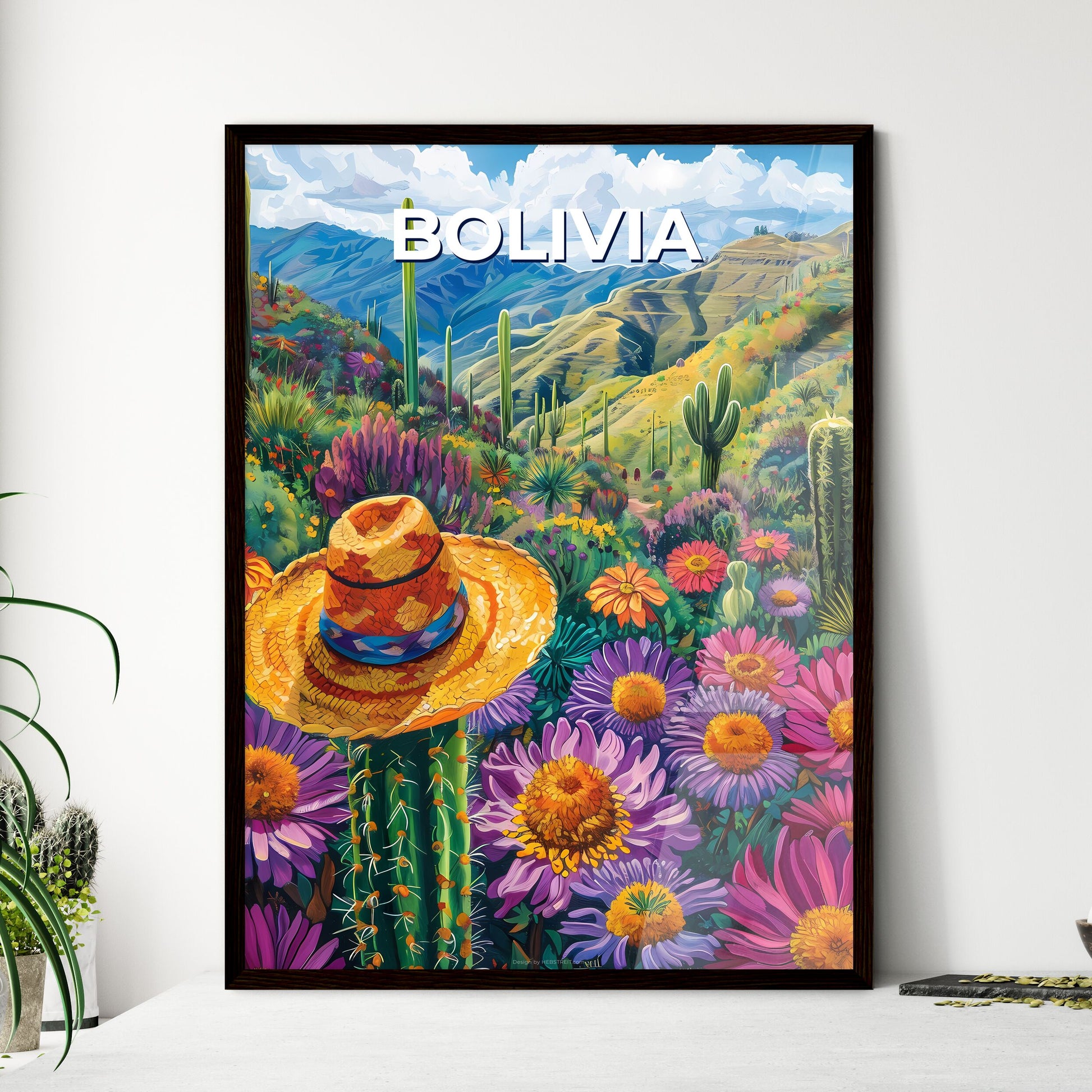 Painting of Vibrant Cactus and Flowers, Bolivia