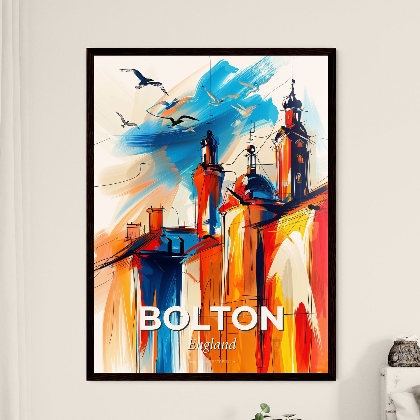 Vibrant Bolton, England - A Painting Of A Building With Birds Flying In The Sky