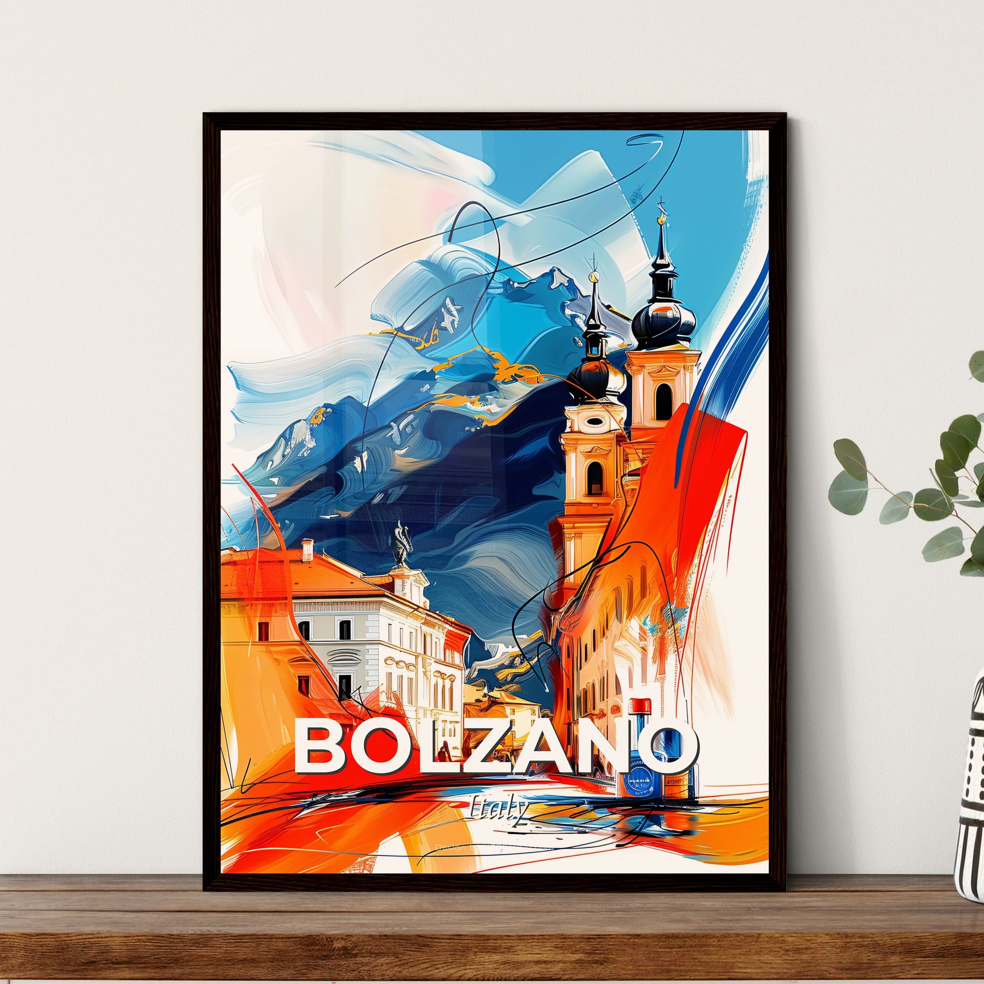 Vibrant Bolzano, Italy - A Painting Of A Street With Buildings And A Mountain In The Background