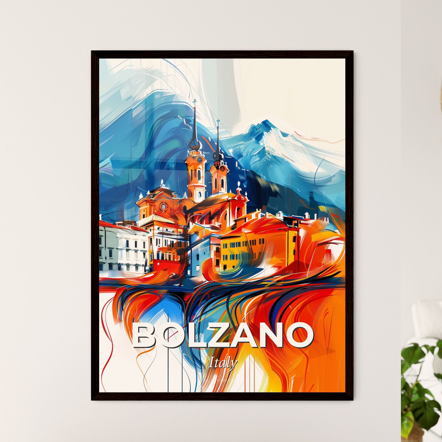 Vibrant Bolzano, Italy - A Painting Of A Town With A Mountain In The Background