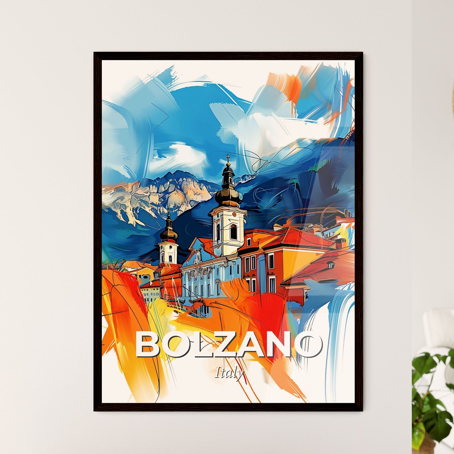 Vibrant Bolzano, Italy - A Painting Of A Building With A Steeple And Mountains In The Background