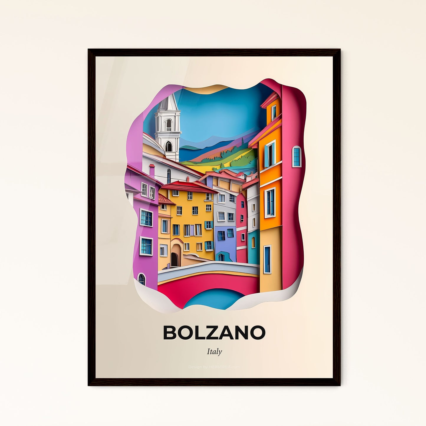 Vivid Bolzano, Italy - a paper cut of a colorful city with a clock tower