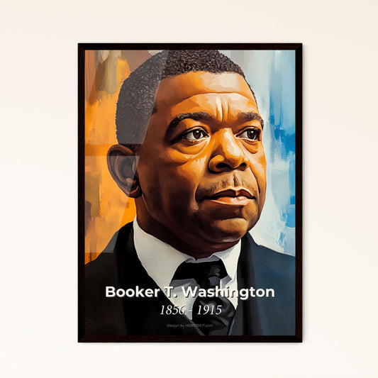 Portrait of Booker T. Washington, 1856 - 1915. Impressionistic painting of a man in a suit.