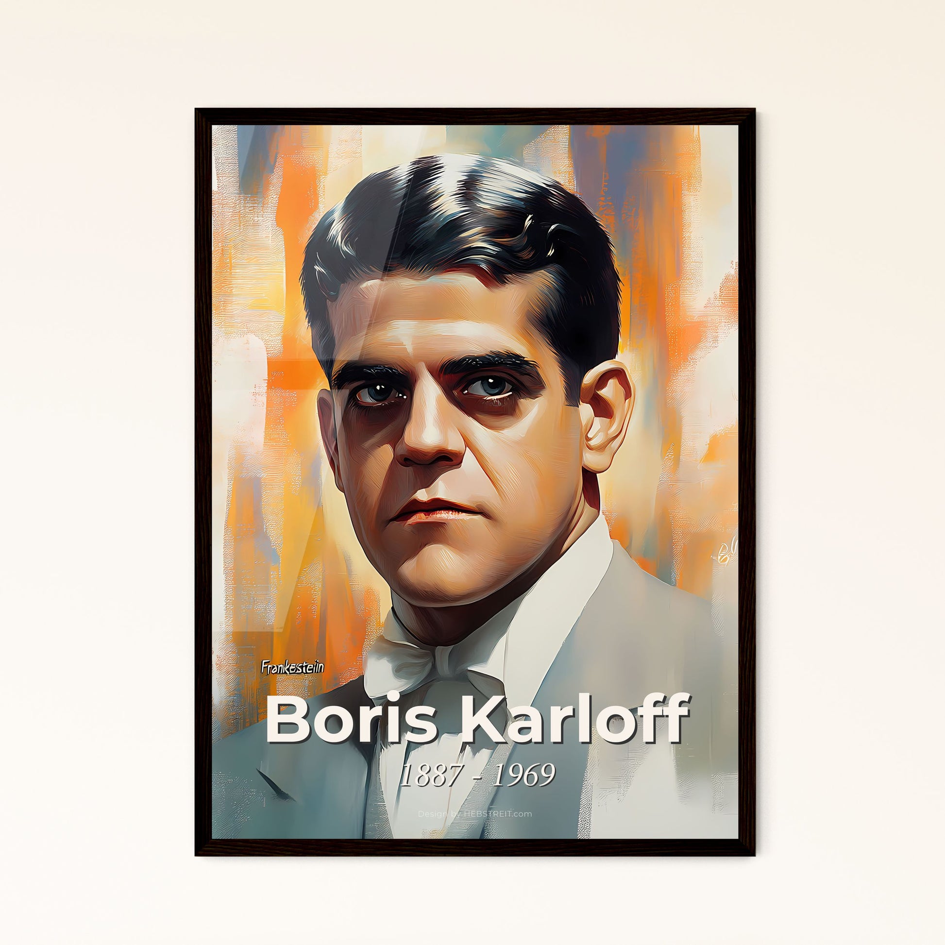 Portrait of Boris Karloff, 1887 - 1969. Impressionistic painting of a man in a suit.