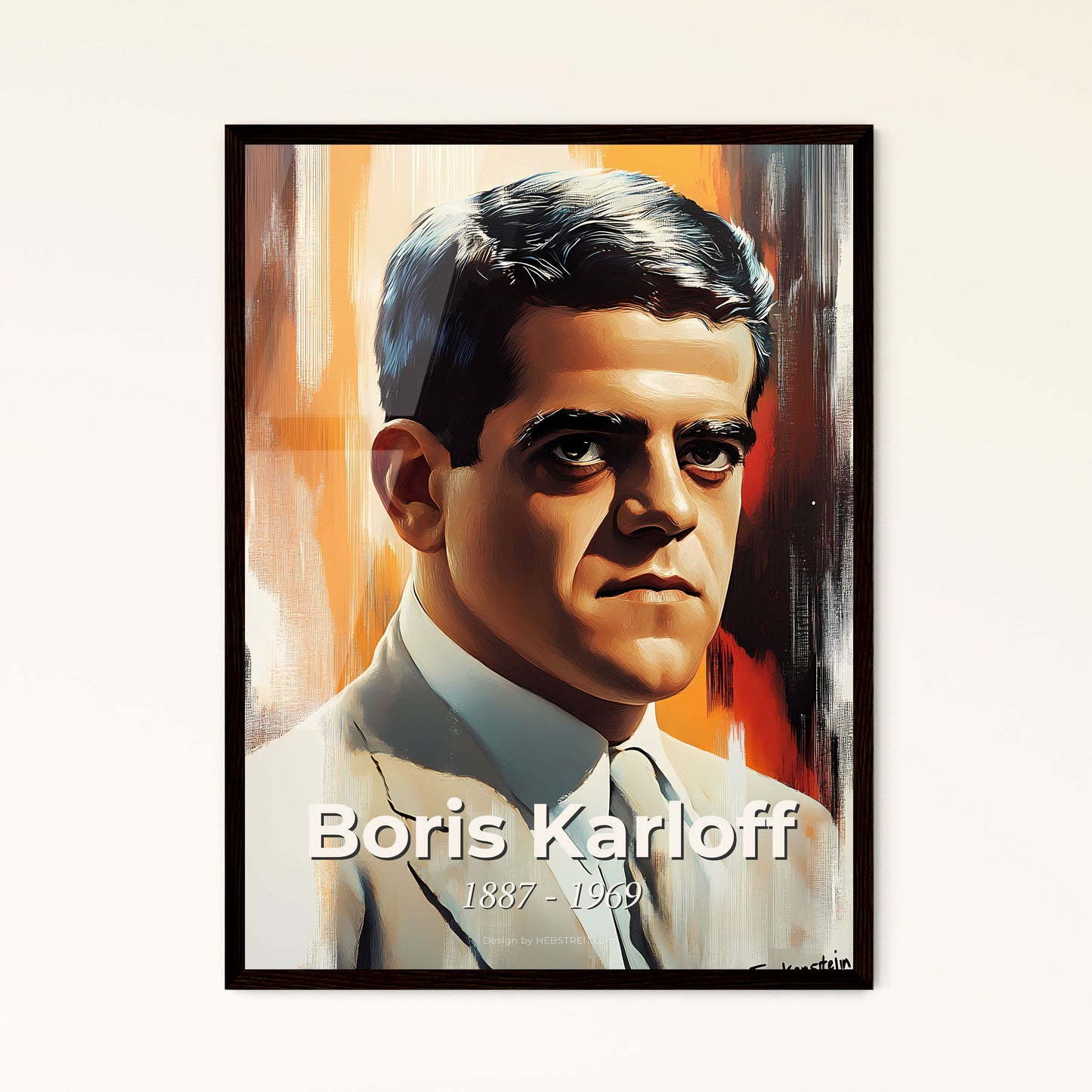 Portrait of Boris Karloff, 1887 - 1969. Impressionistic painting of a man in a suit.