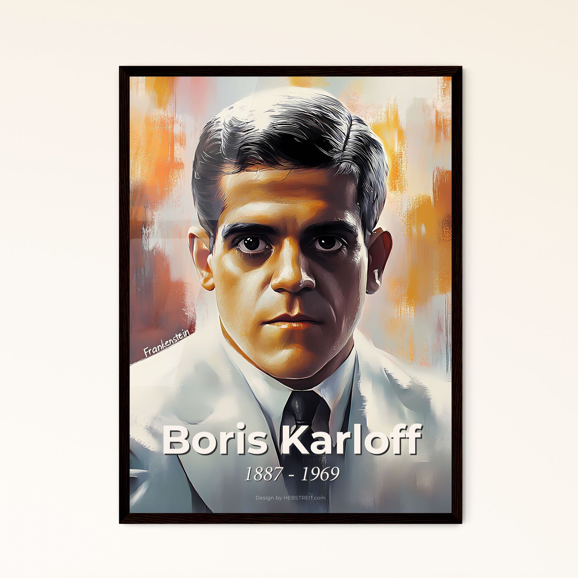 Portrait of Boris Karloff, 1887 - 1969. Impressionistic painting of a man in a suit.