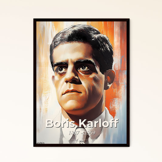 Portrait of Boris Karloff, 1887 - 1969. Impressionistic painting of a man in a white shirt and tie.