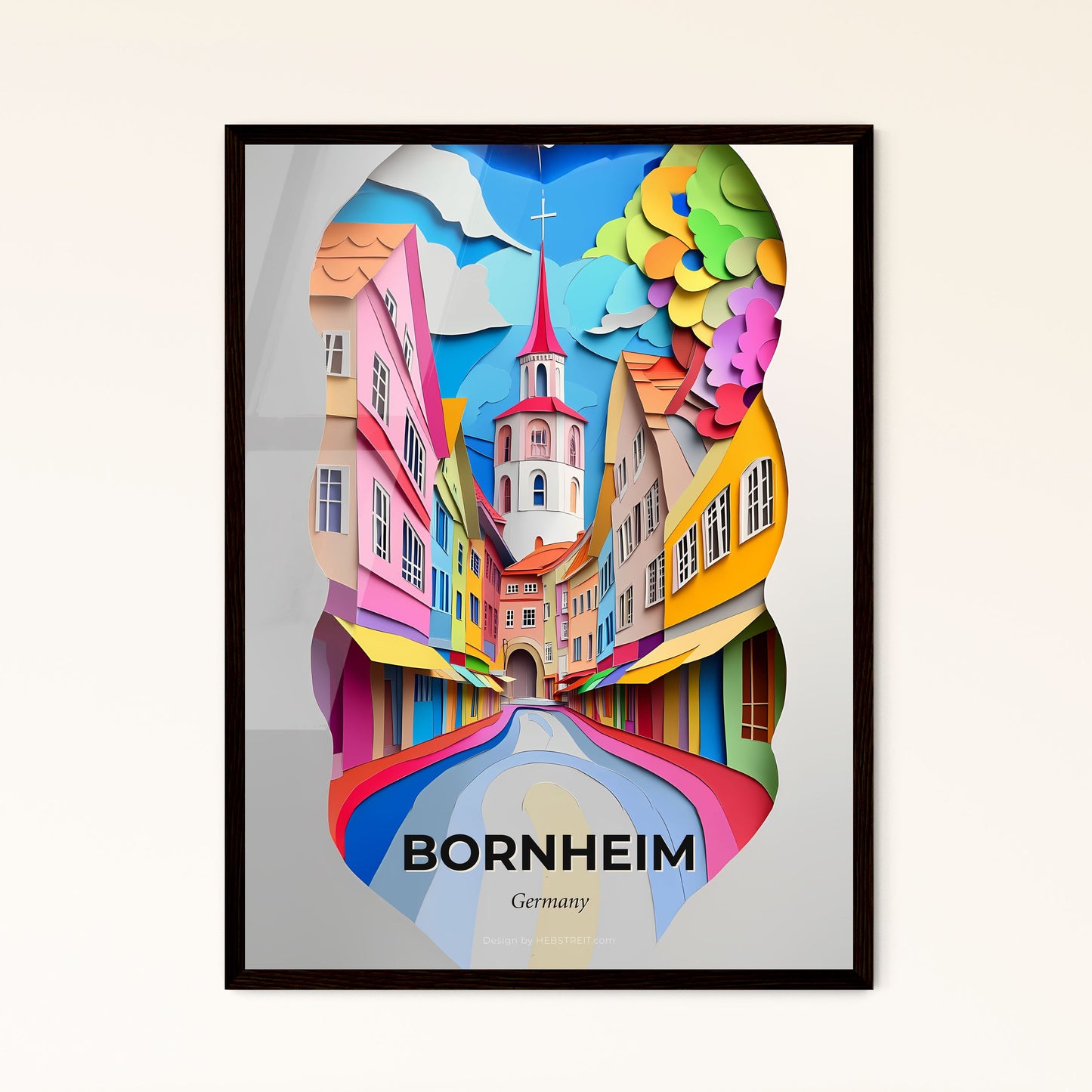 Vivid Bornheim, Germany - a colorful city street with a church steeple