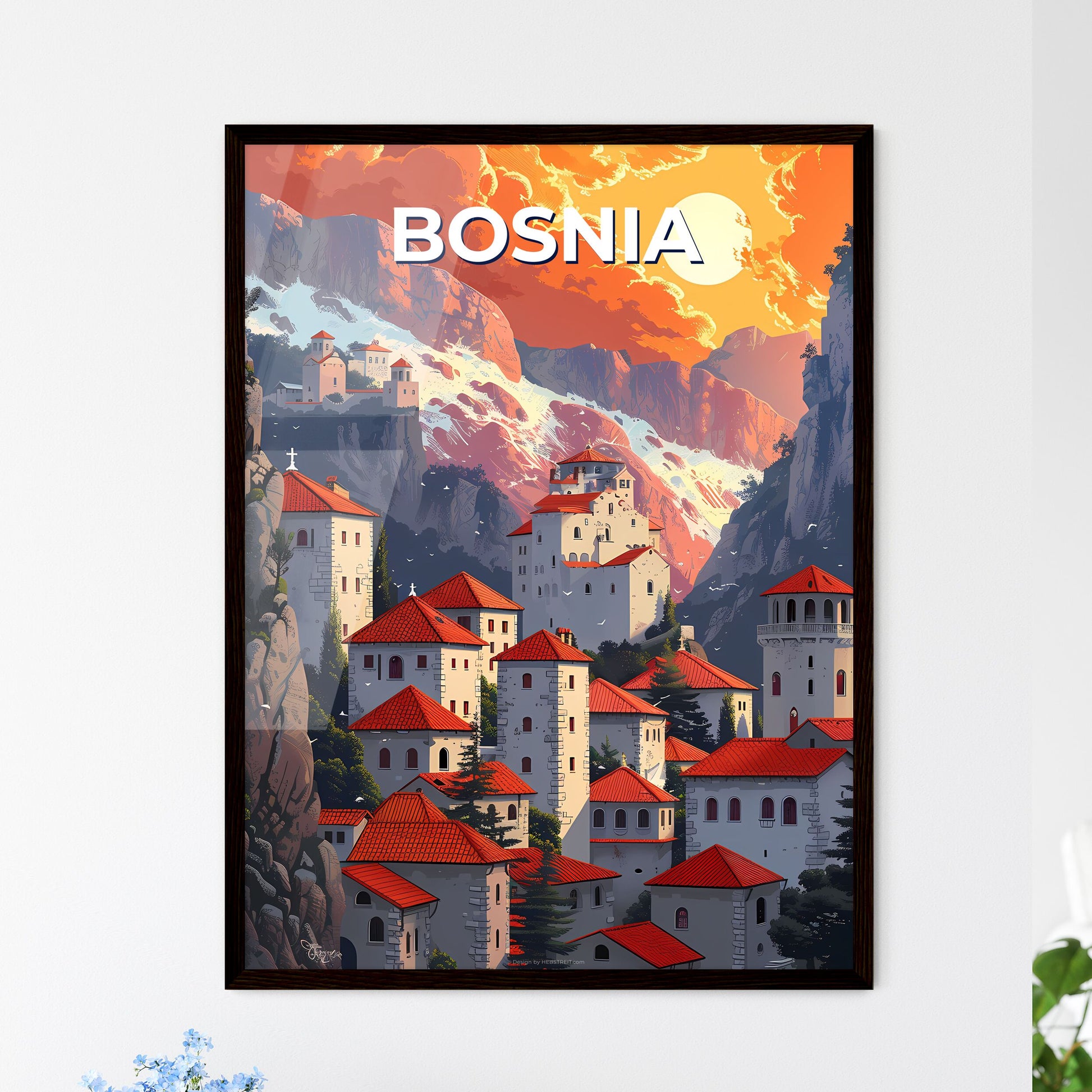 Artistic Interpretation of a Quaint European Town: Bosnia and Herzegovina with Vibrant Red Roofs Framed Art