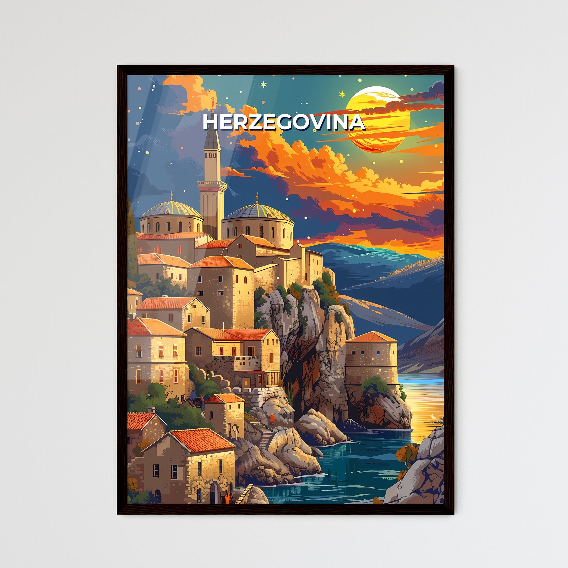 Vibrant Painting of a Bosnian Town Perched on a Cliff, Bosnia and Herzegovina Framed Art