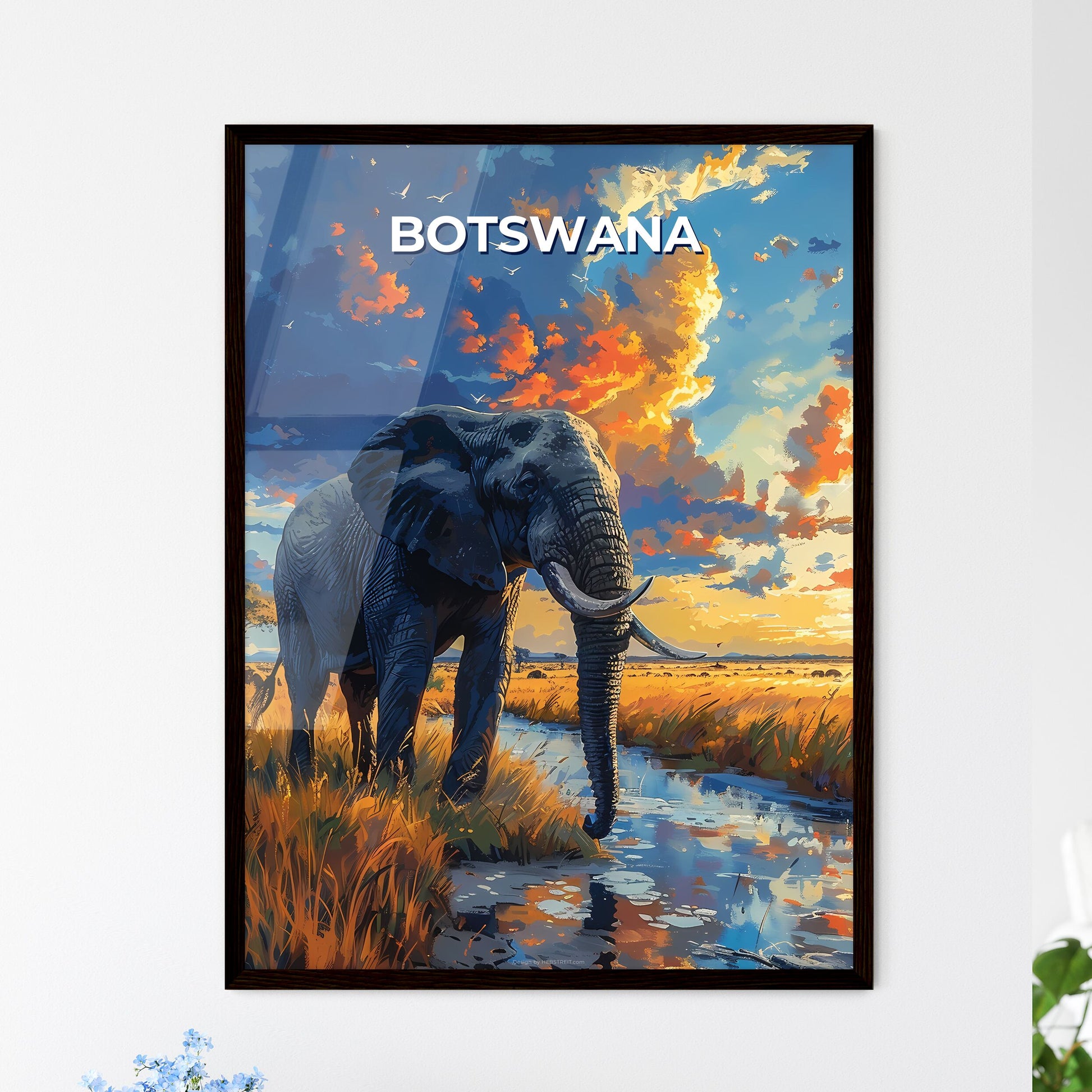 Botswana Africa Vibrant Painting Elephant Marsh Artwork