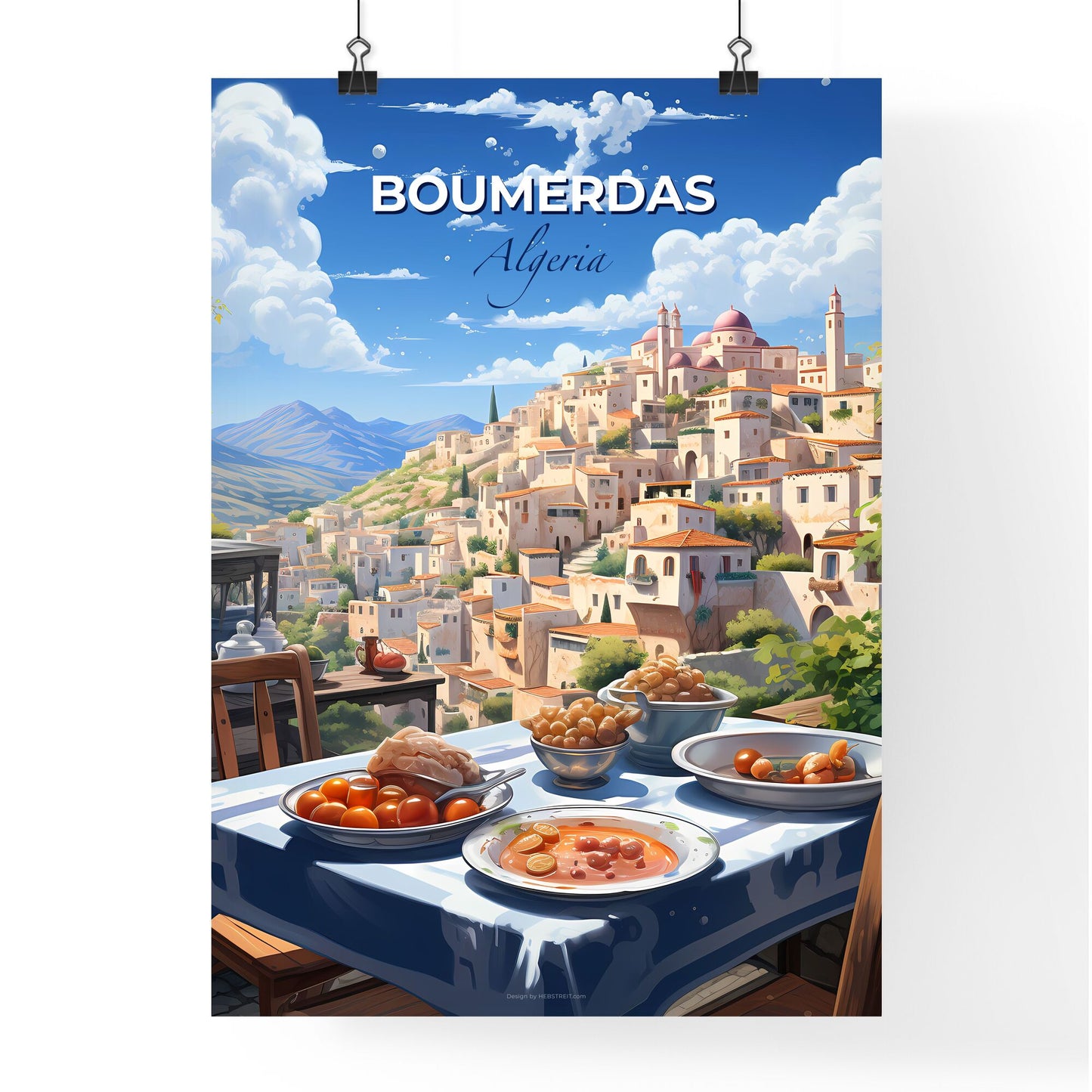 Vibrant Painting of Boumerdas Algeria Skyline with Table of Food Default Title