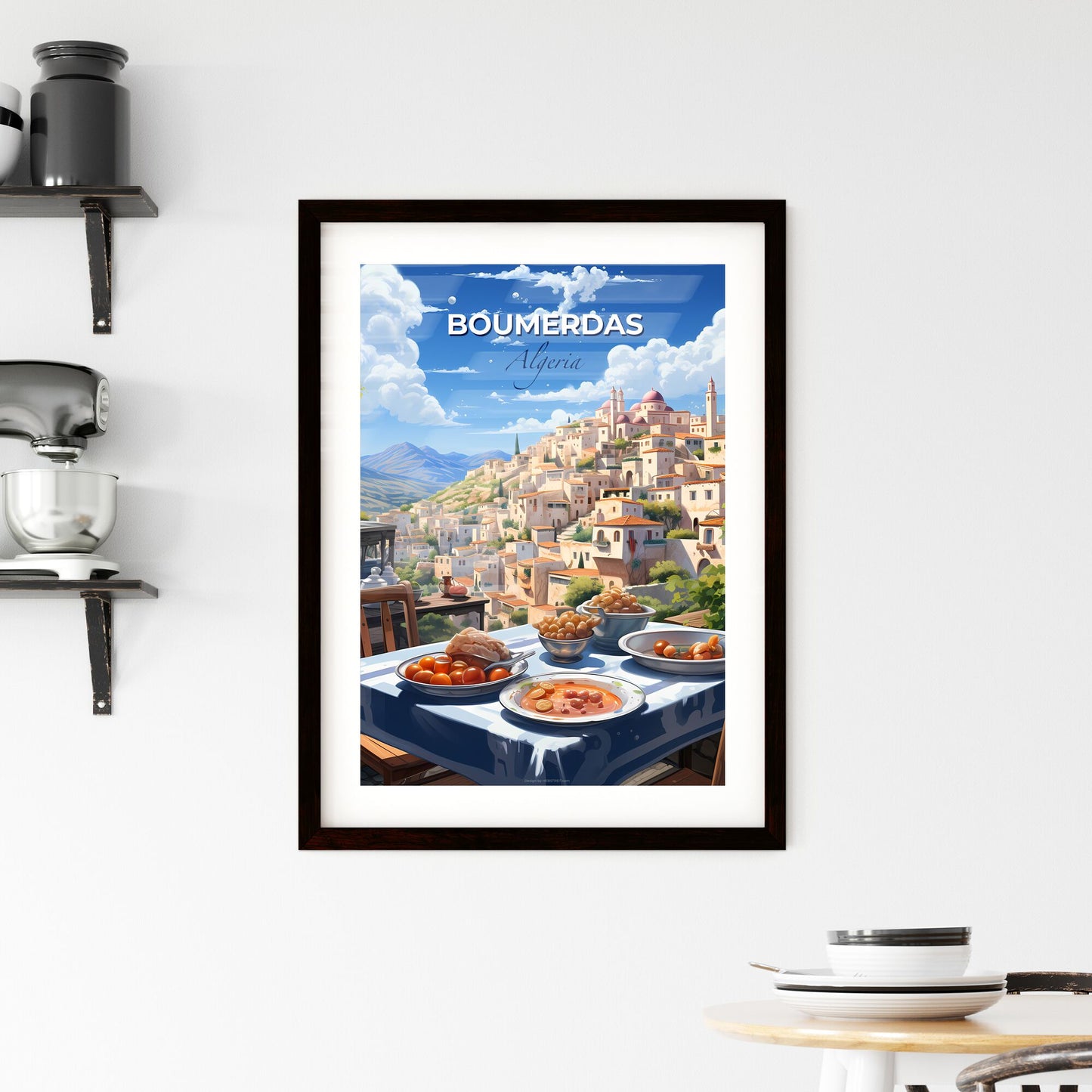 Vibrant Painting of Boumerdas Algeria Skyline with Table of Food Default Title