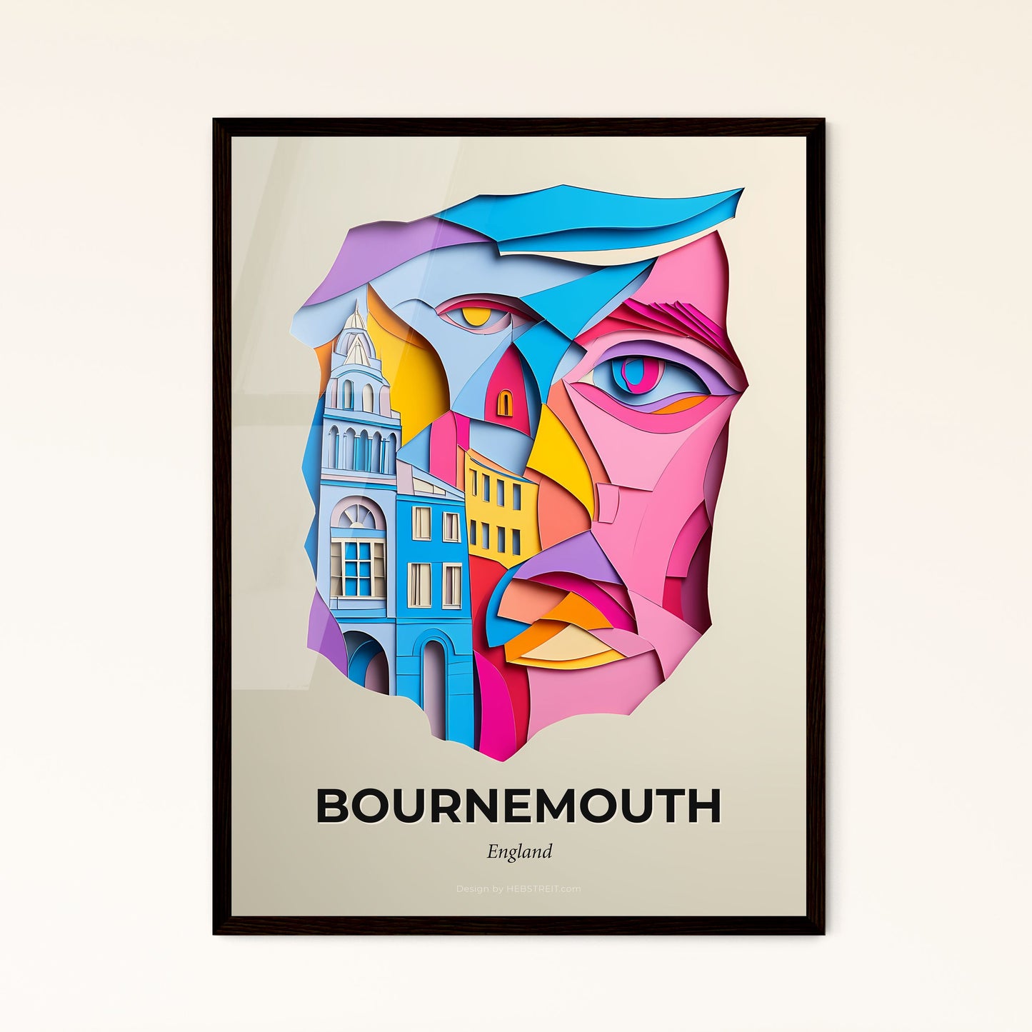 Vivid Bournemouth, England - a paper cut of a man's face with buildings in the background