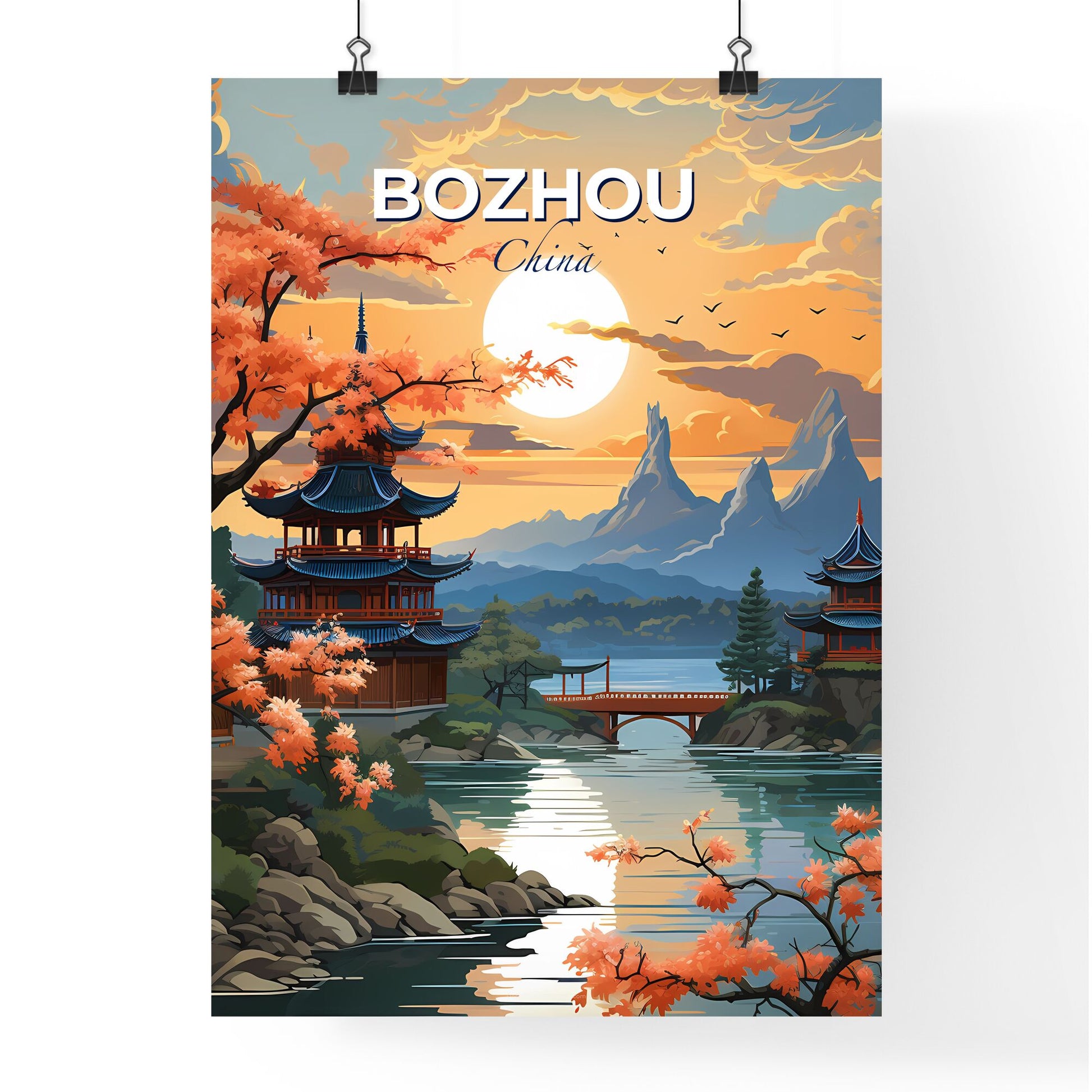 Bozhou China City Skyline Landscape Painting Pagoda Bridge Art Default Title