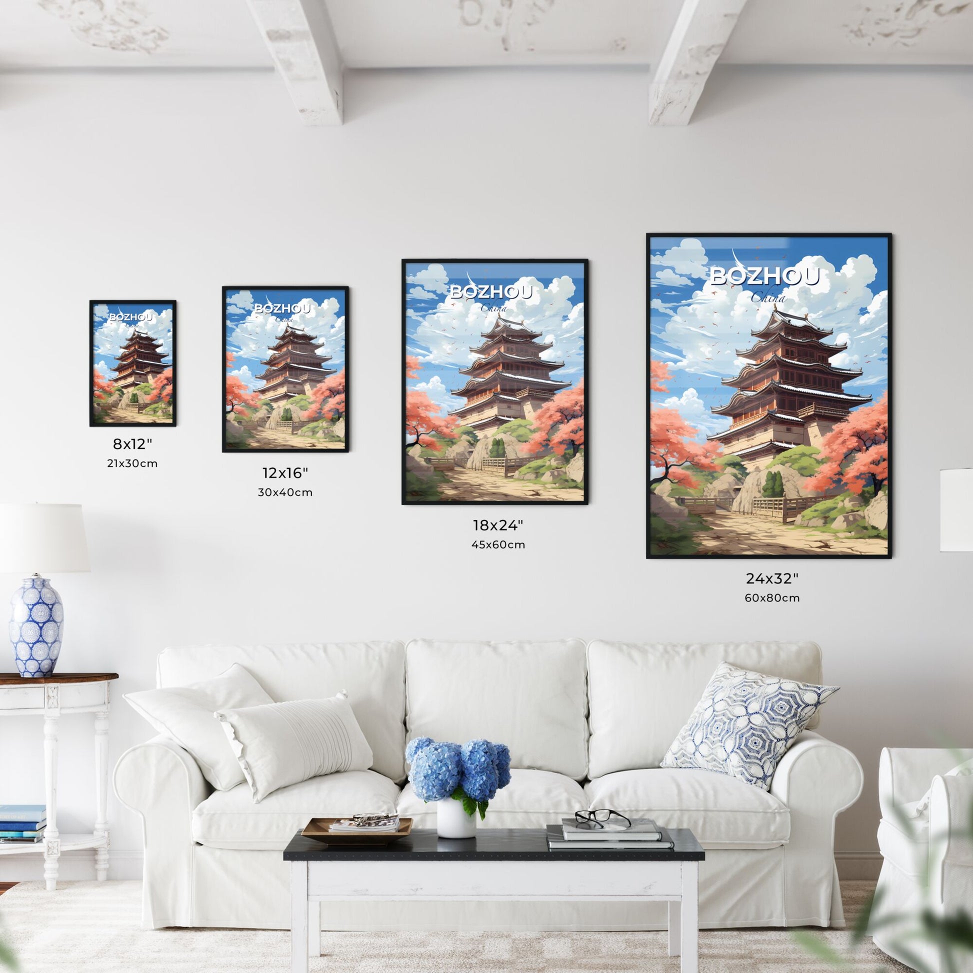 Panoramic Art Painting of Bozhou China Skyline Featuring Yellow Crane Tower, Bridge, and Trees Default Title