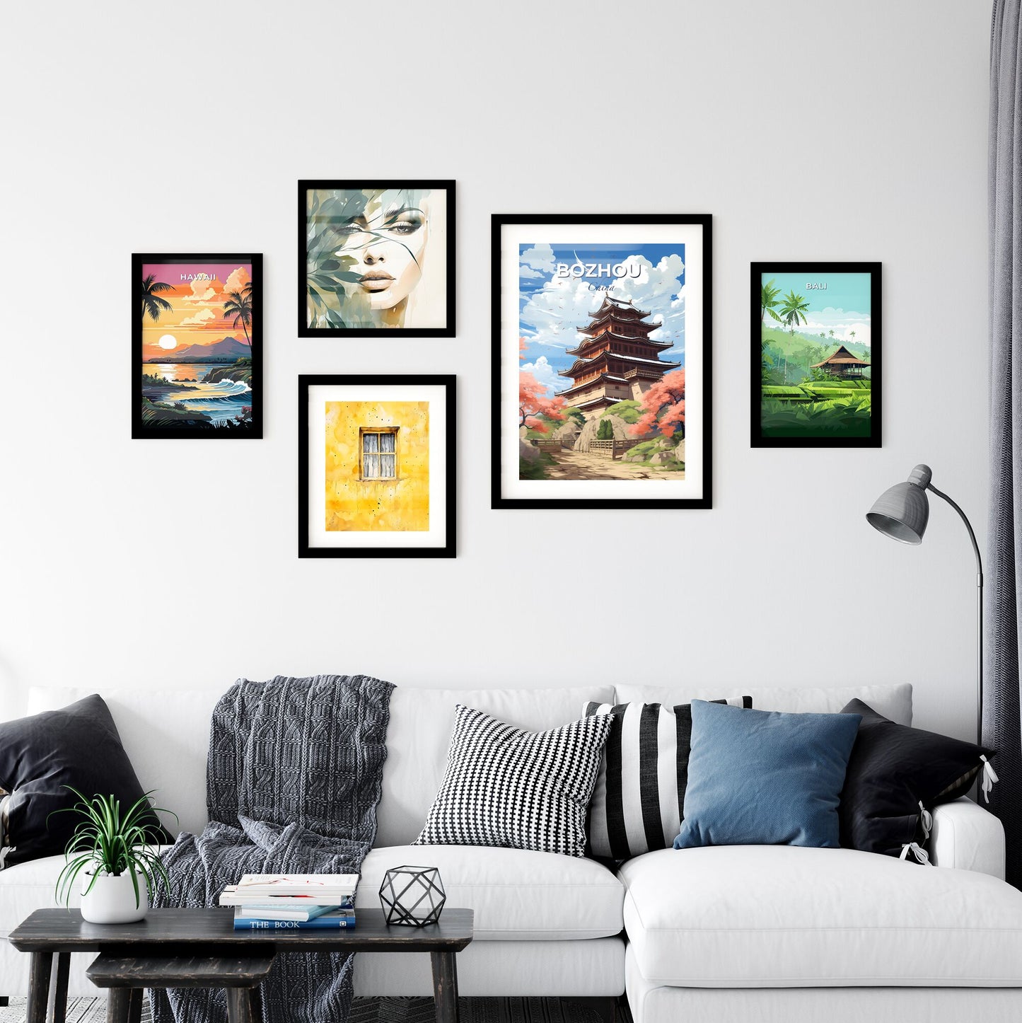 Panoramic Art Painting of Bozhou China Skyline Featuring Yellow Crane Tower, Bridge, and Trees Default Title