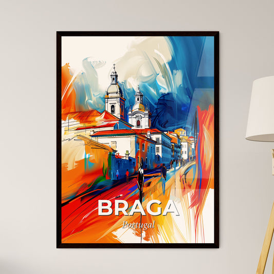 Vibrant Braga, Portugal - A Painting Of A Street With Buildings And A Church