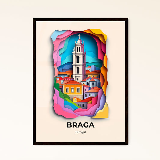 Vivid Braga, Portugal - a colorful paper cut of a church tower