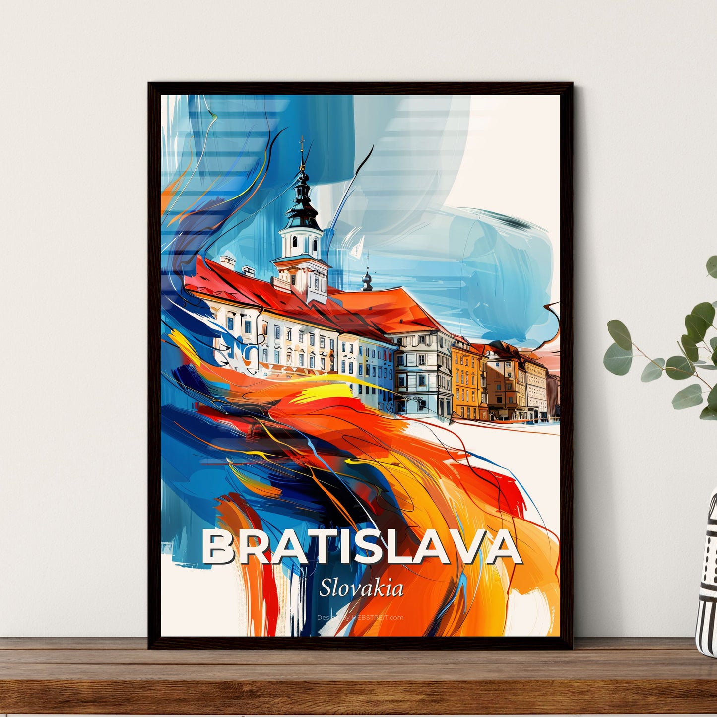 Vibrant Bratislava, Slovakia - A Painting Of A Building With A Tower And A Colorful Background