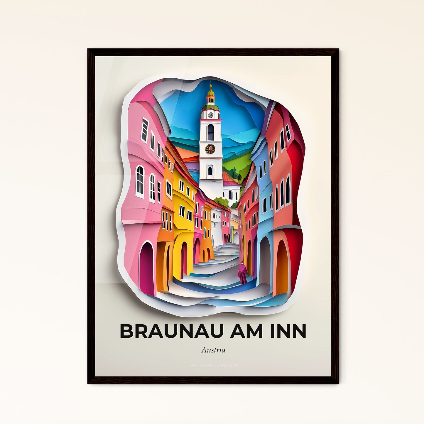 Vivid Braunau am Inn, Austria - a paper cut of a street with a clock tower