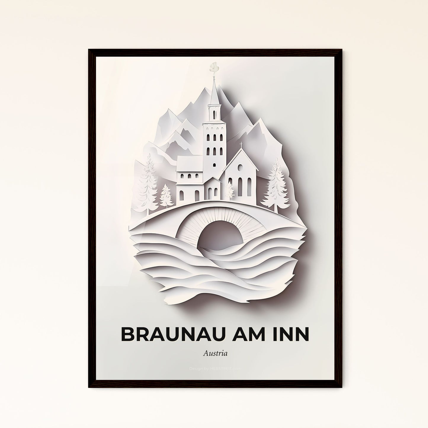 Vivid Braunau am Inn, Austria - a paper cut of a church and a bridge