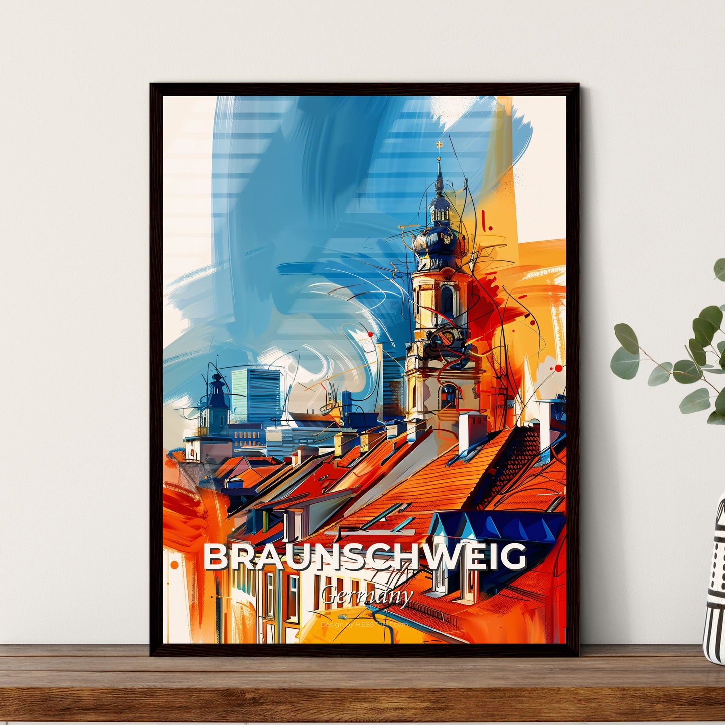 Vibrant Braunschweig, Germany - A Painting Of A Skyline With A Colorful Building