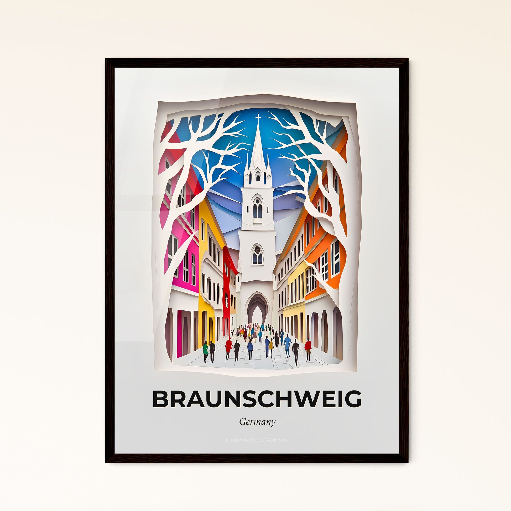 Vivid Braunschweig, Germany - a paper cut of a church with people walking down the street