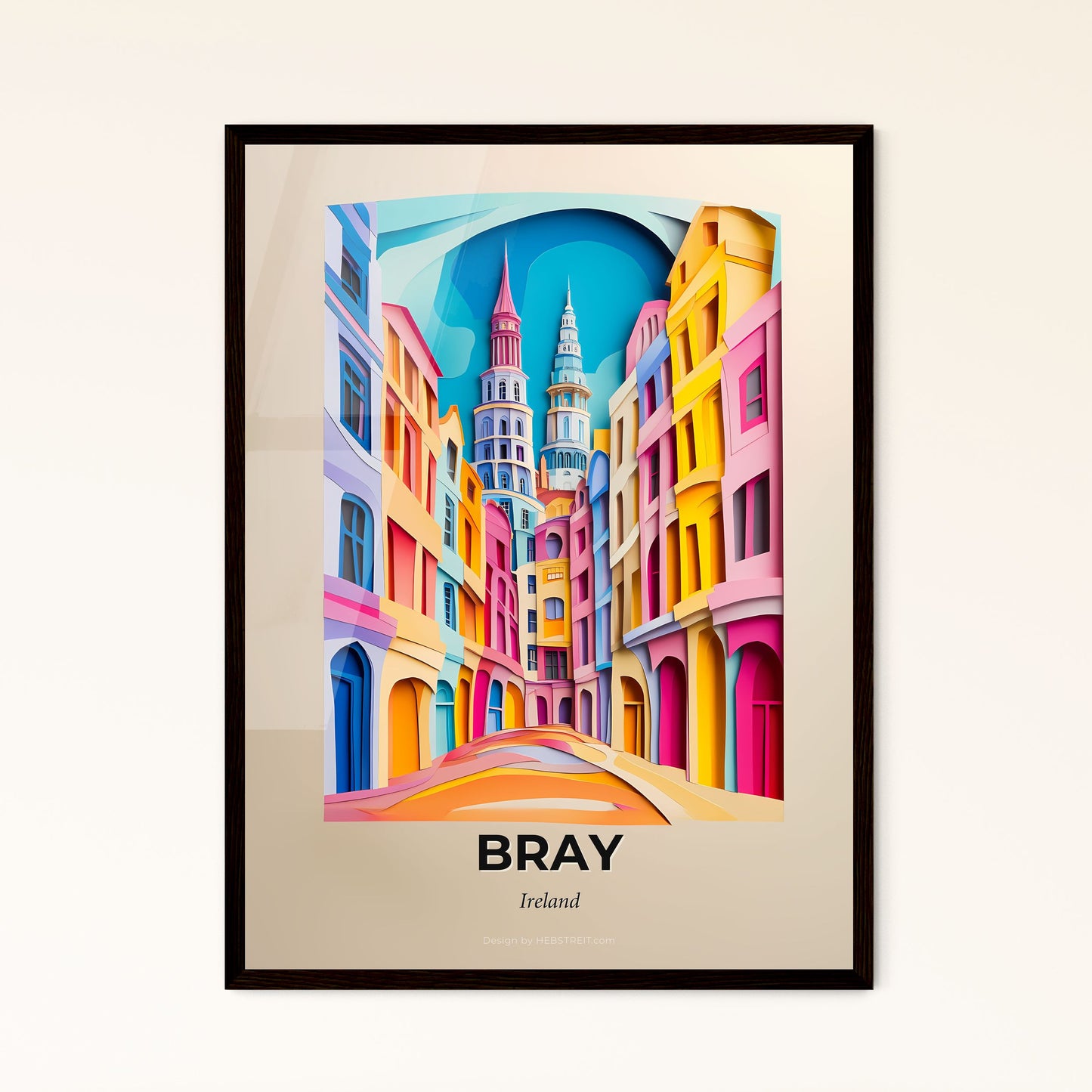 Vivid Bray, Ireland - a painting of a city street with a clock tower