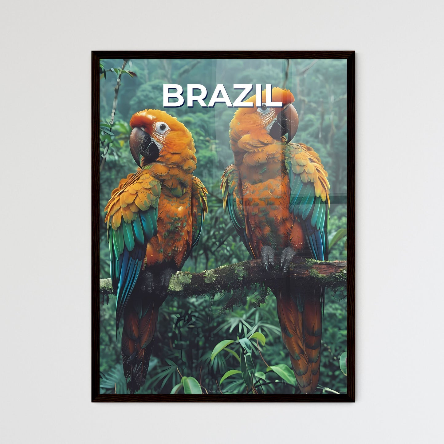 Exotic Wildlife Painting from Brazil: Vibrant Parrots Adorn a Branch