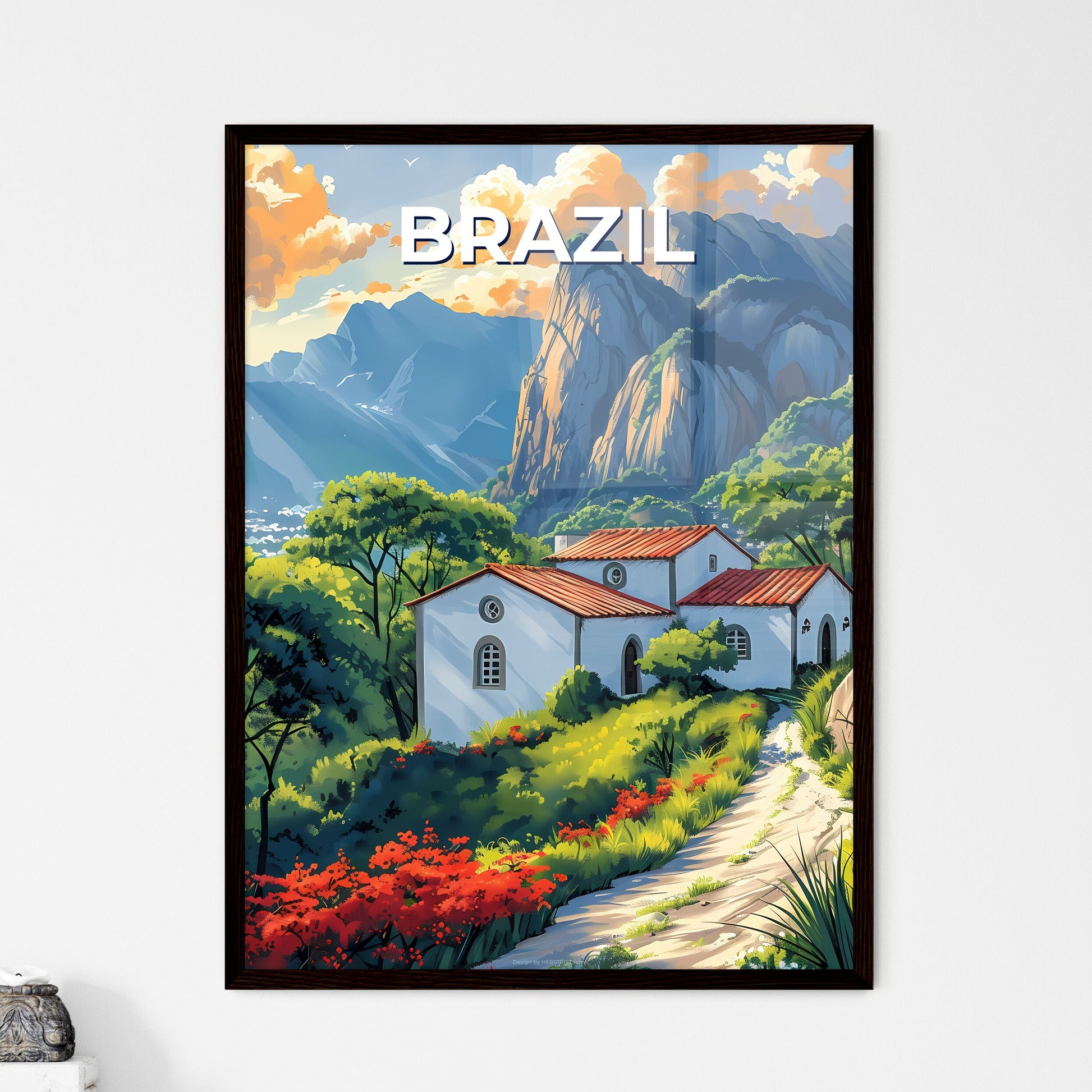 Vibrant Art Painting of a House in a Brazilian Forest with Mountain Landscape
