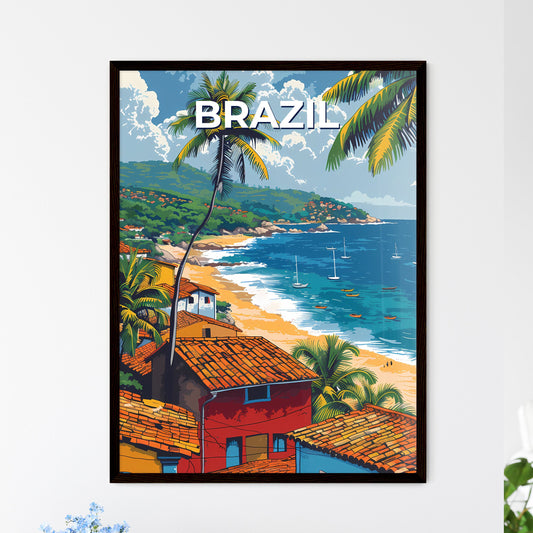 Vibrant Brazilian Beach Scene: Watercolor Painting with Houses and Palm Trees