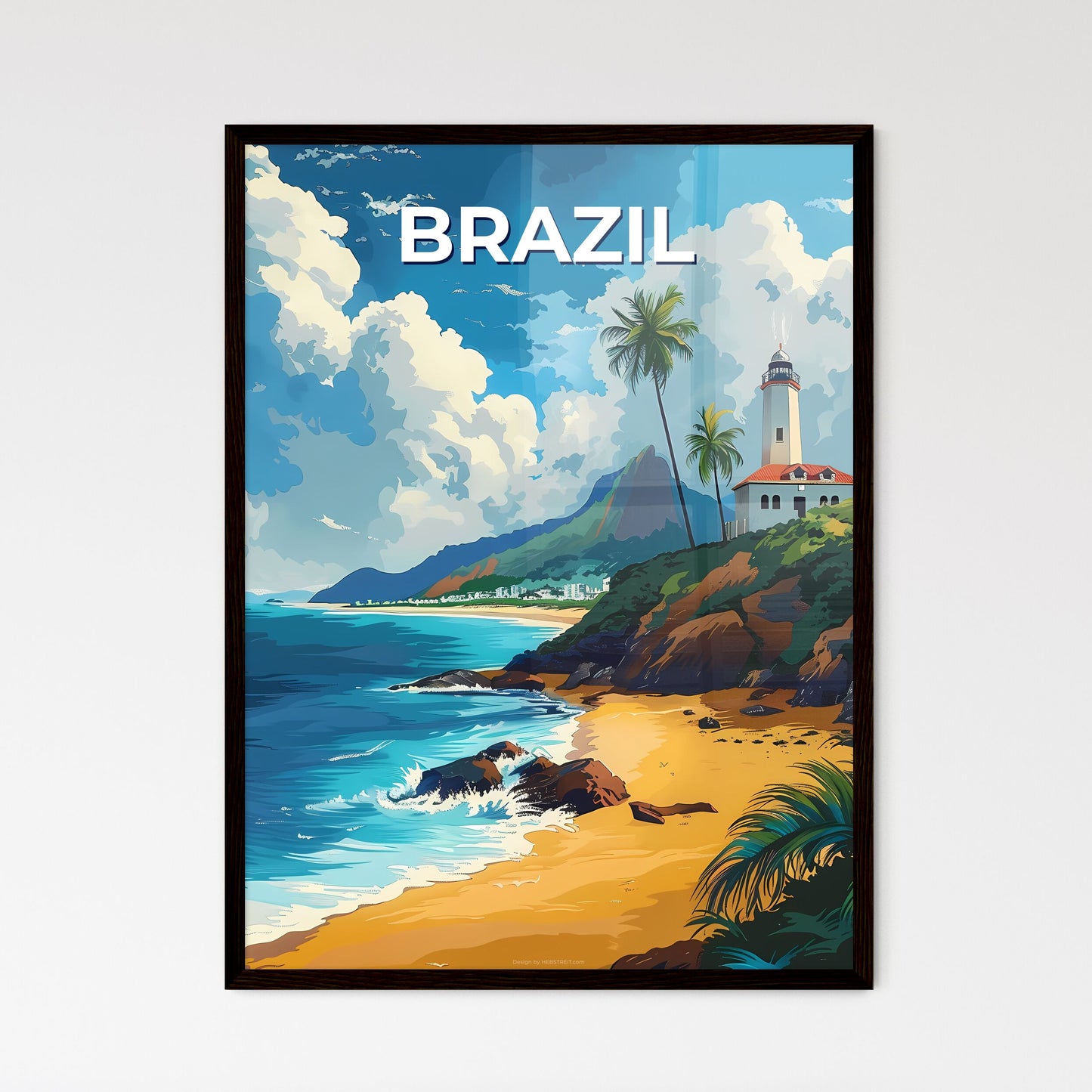 Artistic Beach Scene with Lighthouse and Palms in Vibrant Brazilian Ambience in South America