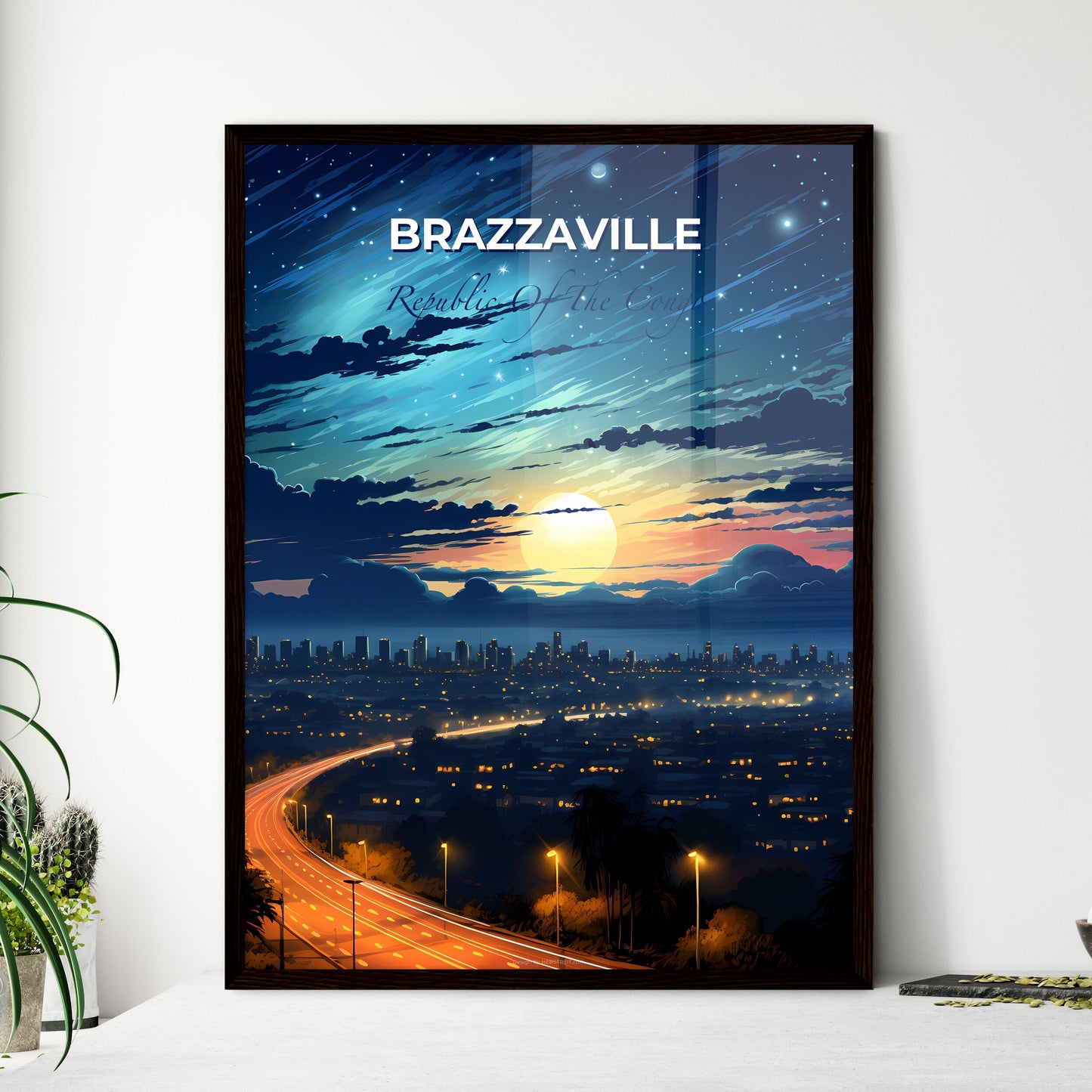 Vibrant Nighttime Cityscape Painting: Brazzaville, Republic of the Congo Skyline with Moonlight and Road Default Title