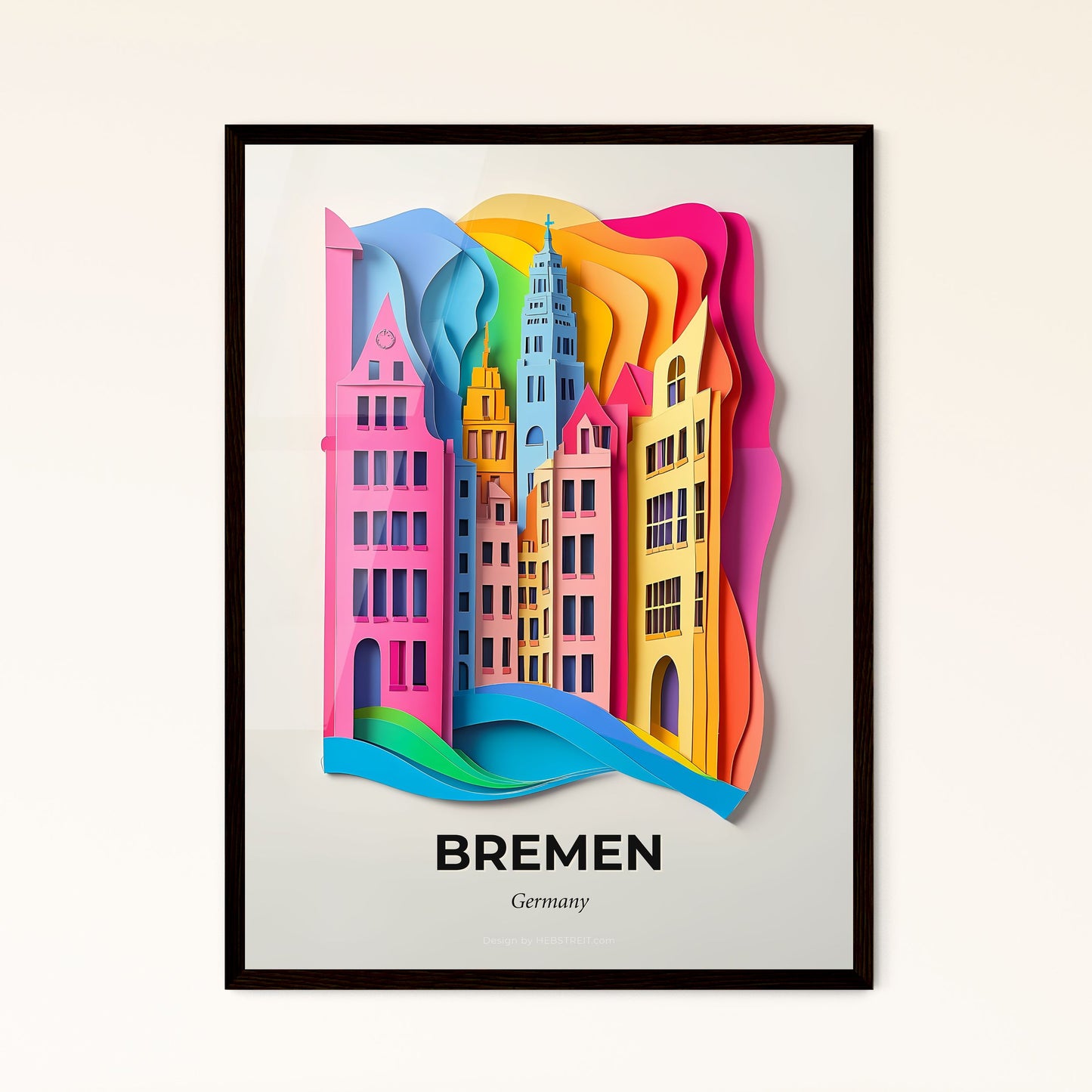 Vivid Bremen, Germany - a paper cut of a city with a rainbow sky