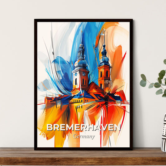 Vibrant Bremerhaven, Germany - A Painting Of A Building With Towers And A Blue And Orange Paint