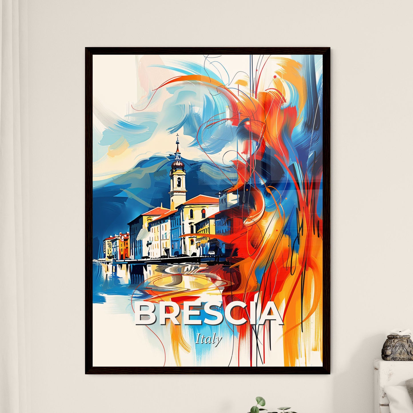 Vibrant Brescia , Italy - A Painting Of A Town With A Tower And A Mountain In The Background