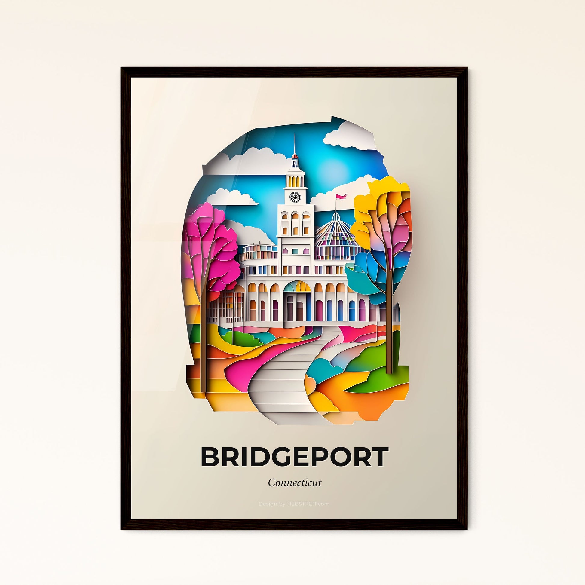 Vivid Bridgeport, Connecticut - a paper cut of a building with a clock tower