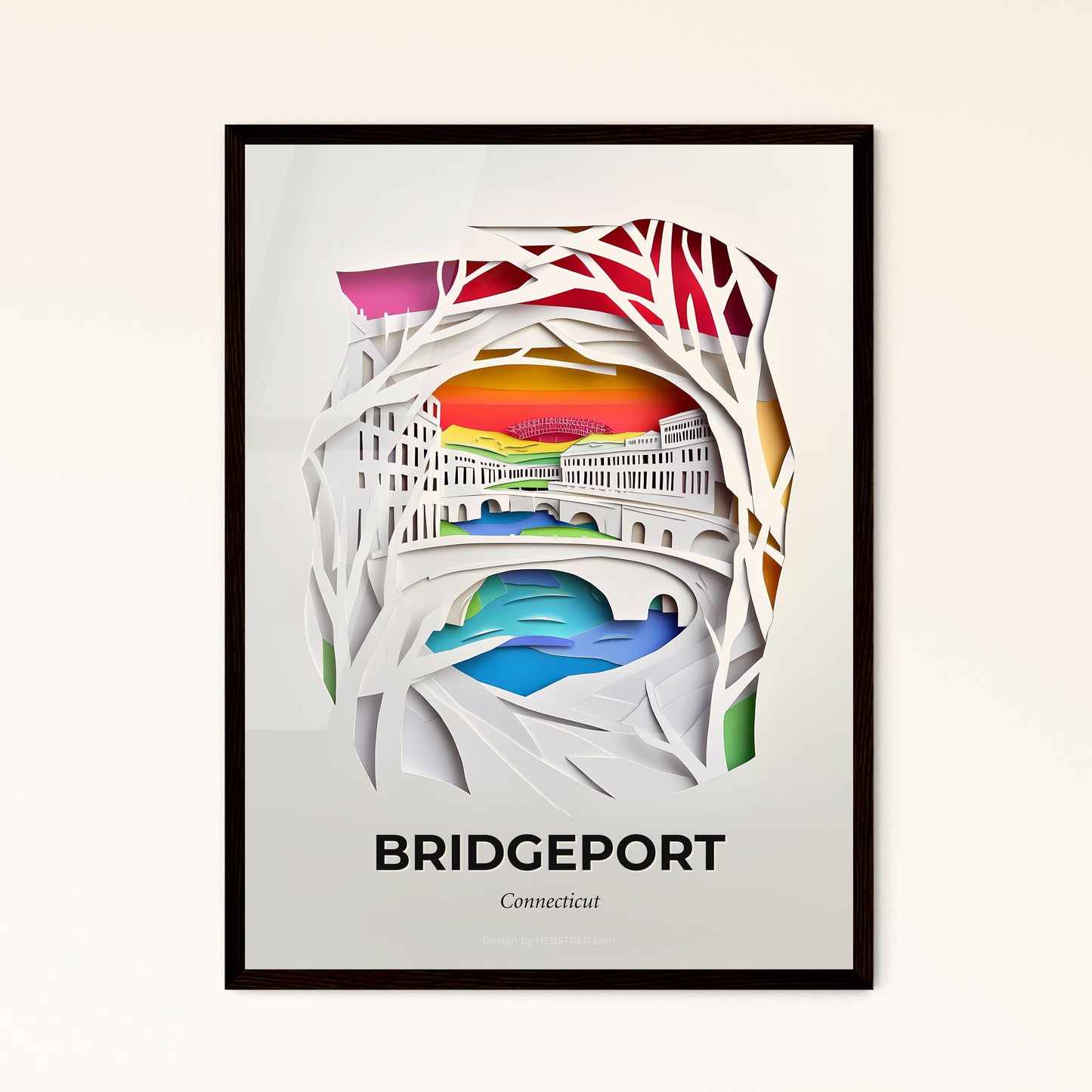 Vivid Bridgeport, Connecticut - a paper cut of a bridge over a river