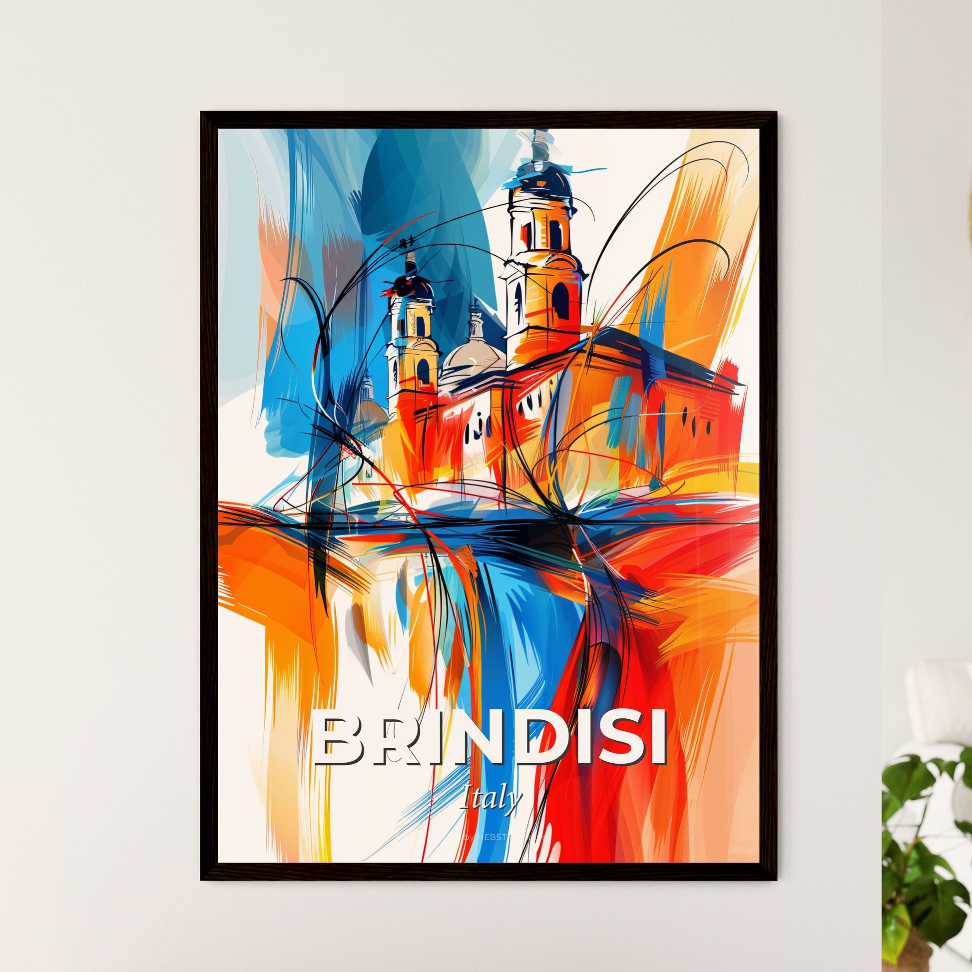 Vibrant Brindisi, Italy - A Painting Of A Building With Towers And A Blue And Red Background