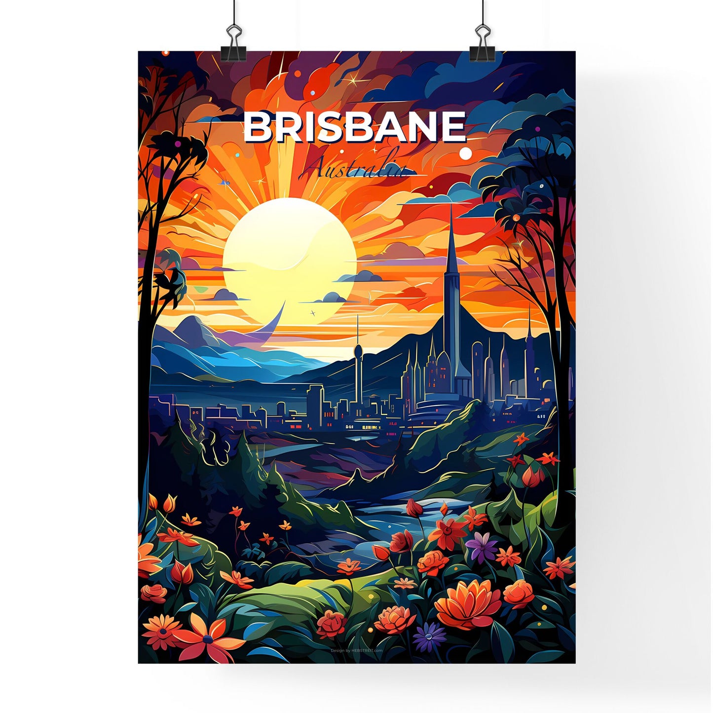 Vibrant Brisbane Skyline Painting: Colorful Cityscape with Mountains Default Title