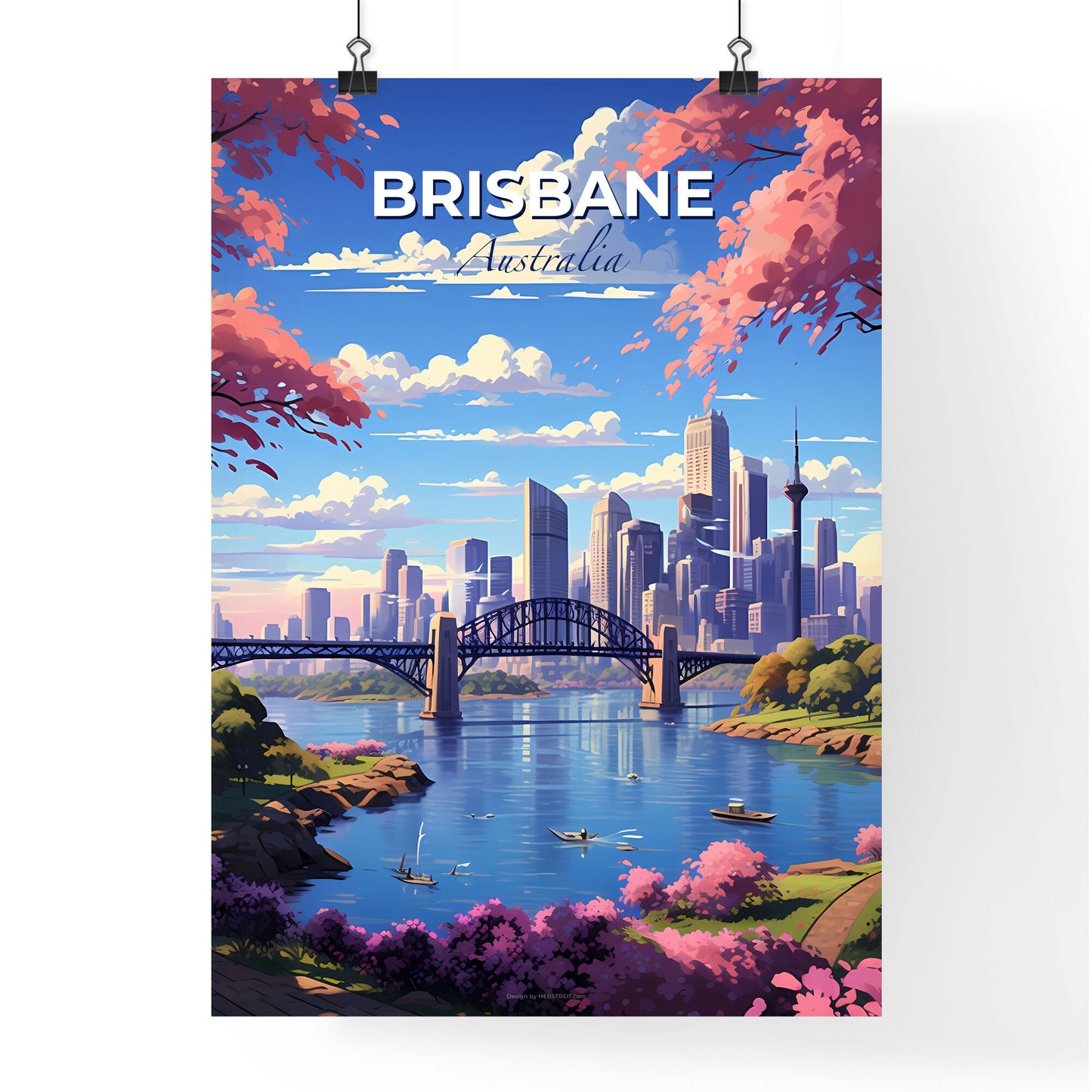 Vibrant City Skyline of Brisbane Australia with Iconic Bridge over River and Lush Foliage Default Title