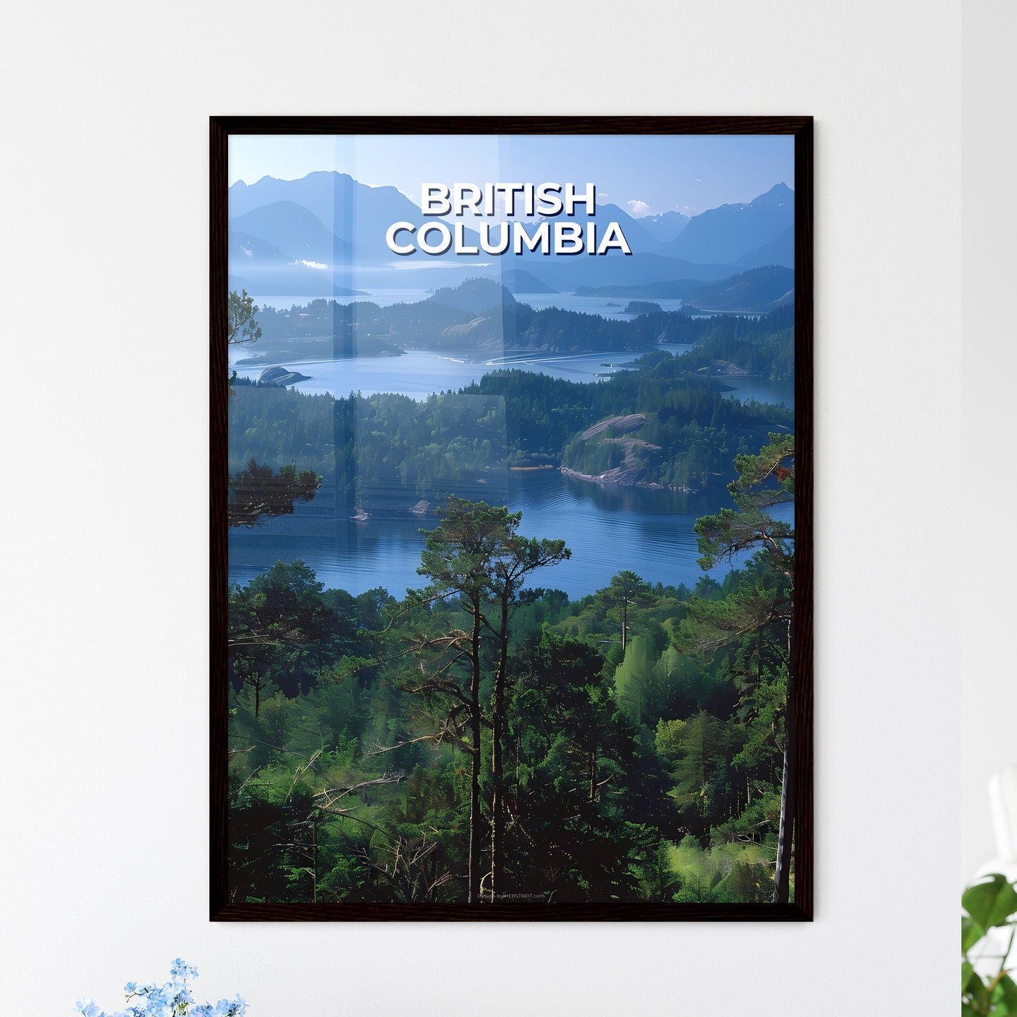 Vibrant Art Depiction of British Columbia Landscape: Panoramic Lake and Mountain Vista from Elevated Perspective