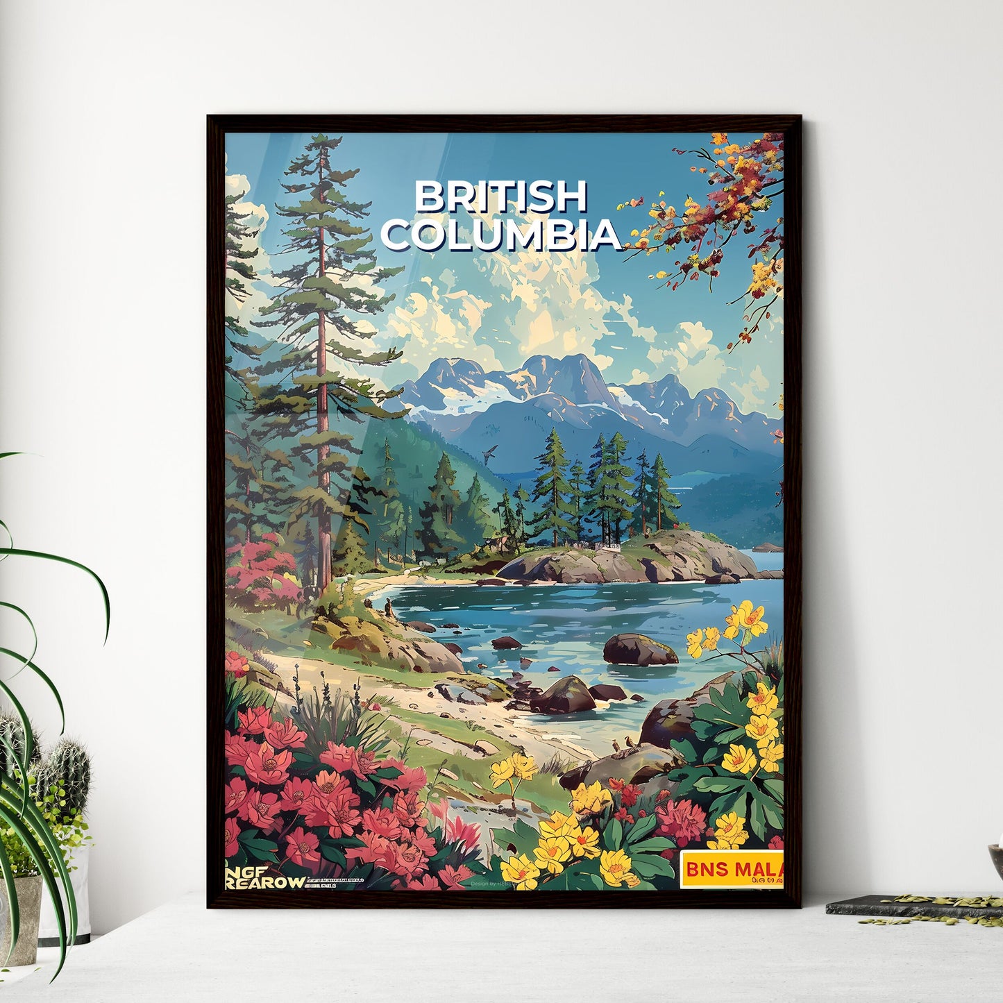 Serene British Columbia Lake Art: Vibrant Trees, Flowers