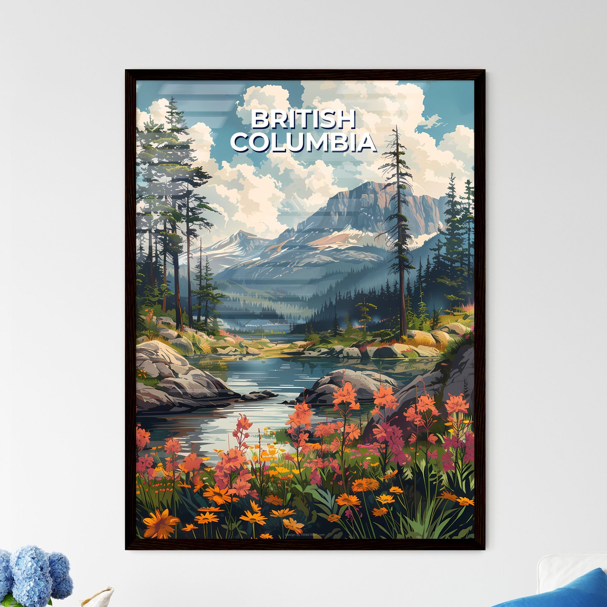 Vibrant British Columbia Mountain River Art, Flowers, Nature, Scenic, Landscape, Painting, Canada