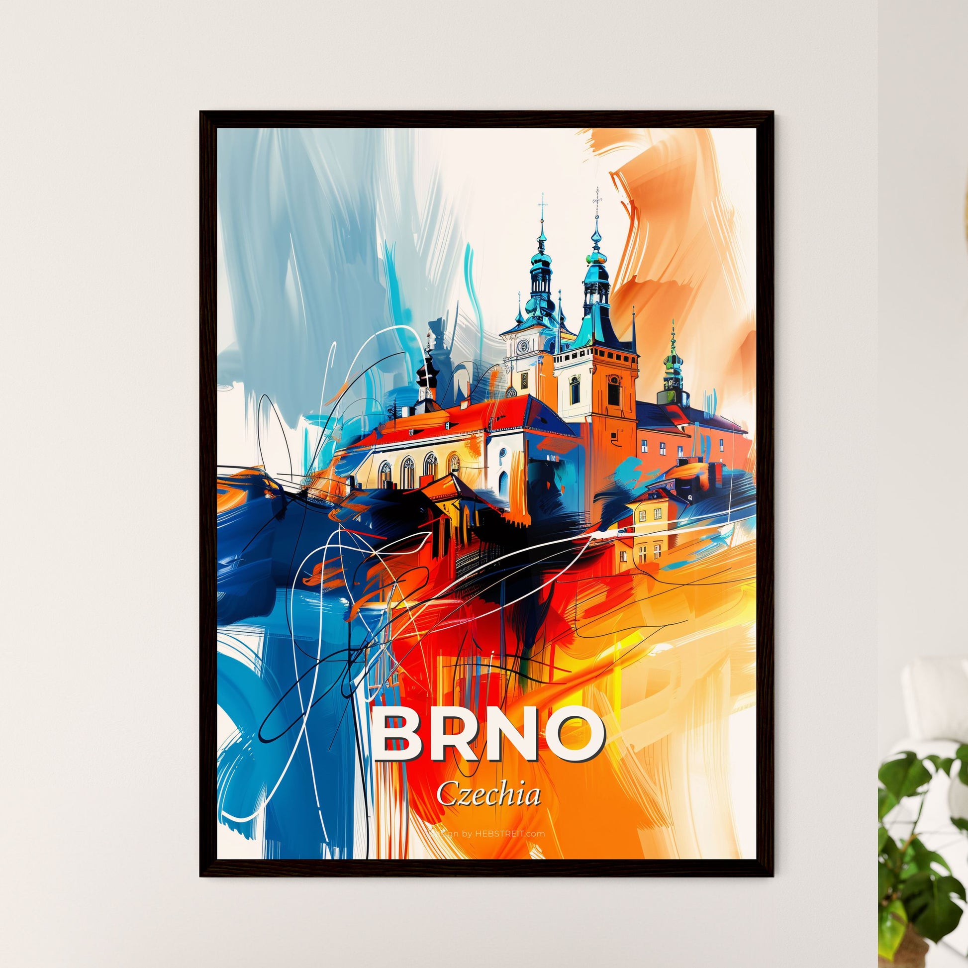 Vibrant Brno, Czechia - A Painting Of A Building With Towers And A Colorful Background