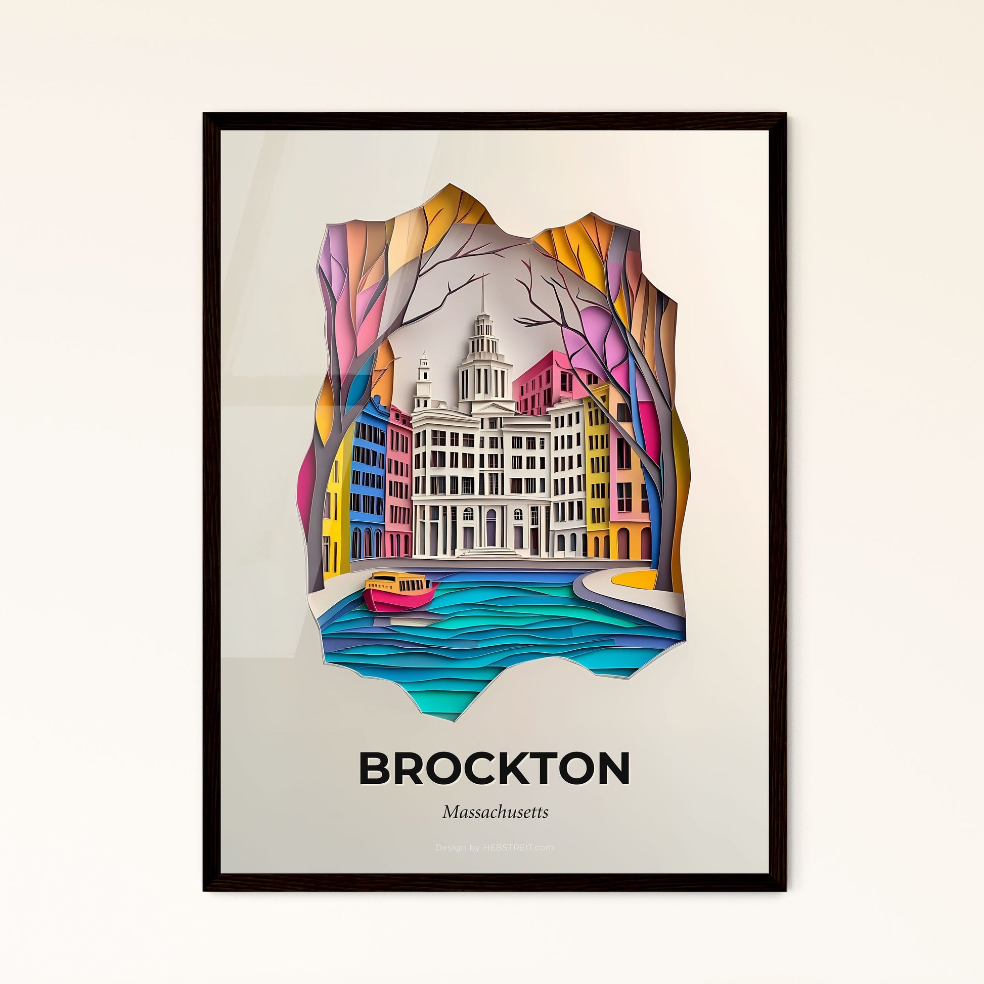 Vivid Brockton, Massachusetts - a paper cut of a city with a boat