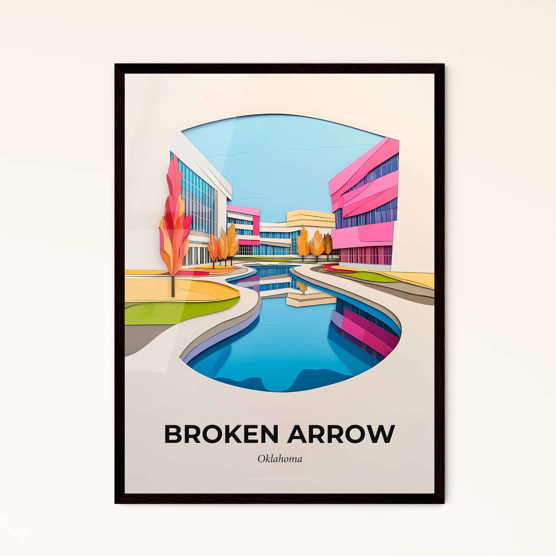 Vivid Broken Arrow, Oklahoma - a paper cut of a building with a pond