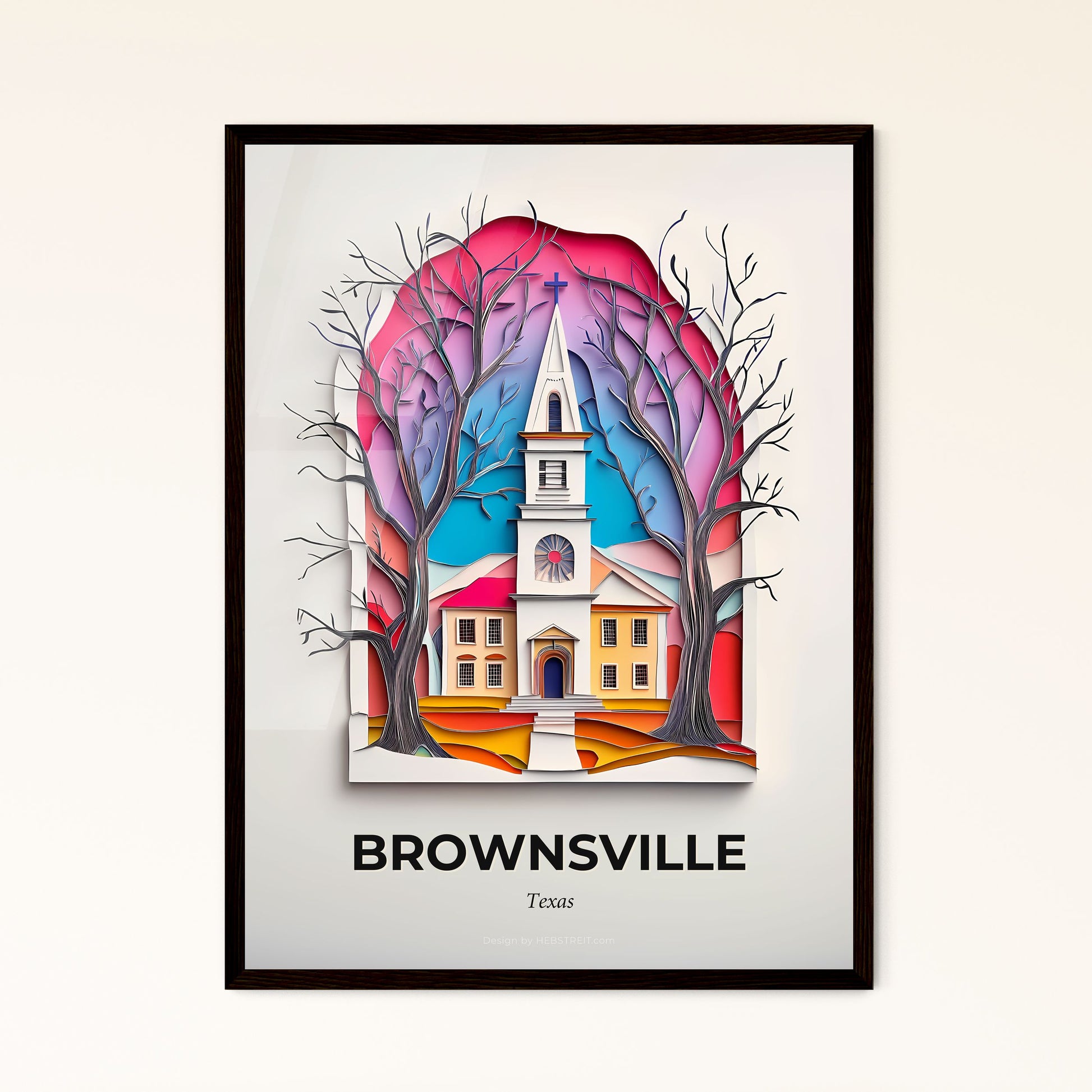 Vivid Brownsville, Texas - a paper cut of a church with a clock tower